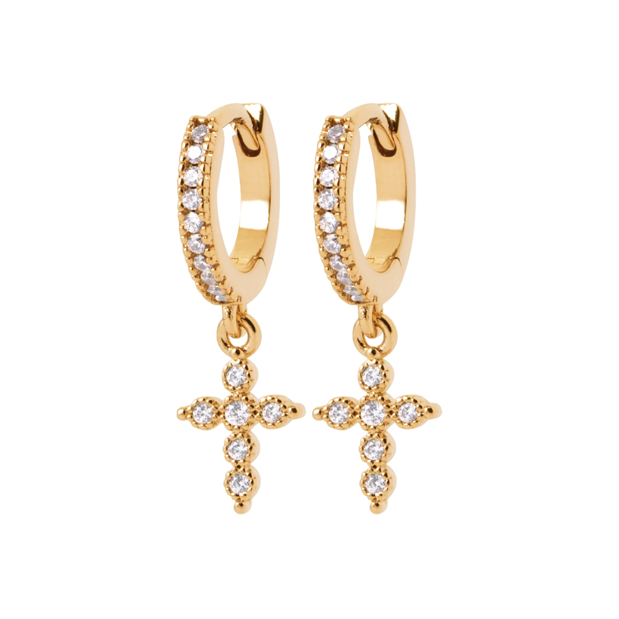 Boucles d'oreilles mini-créoles dorées pendentif croix zircons Madeleine - Bijou photographié sur fond blanc