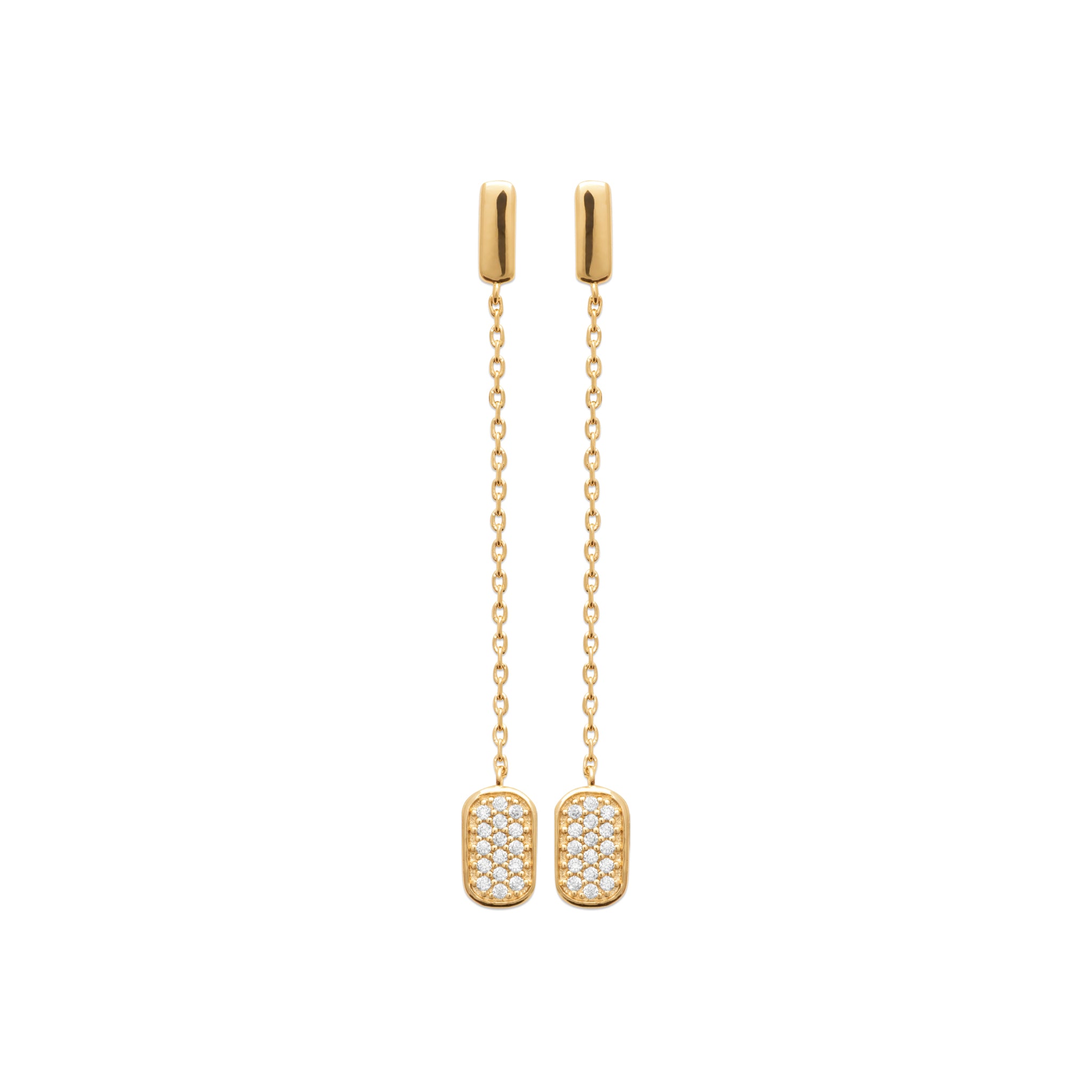 Boucles d'oreilles pendantes dorees Linnea avec pendentifs rectangulaires sertis de zircons
- Bijou photographié sur fond blanc 