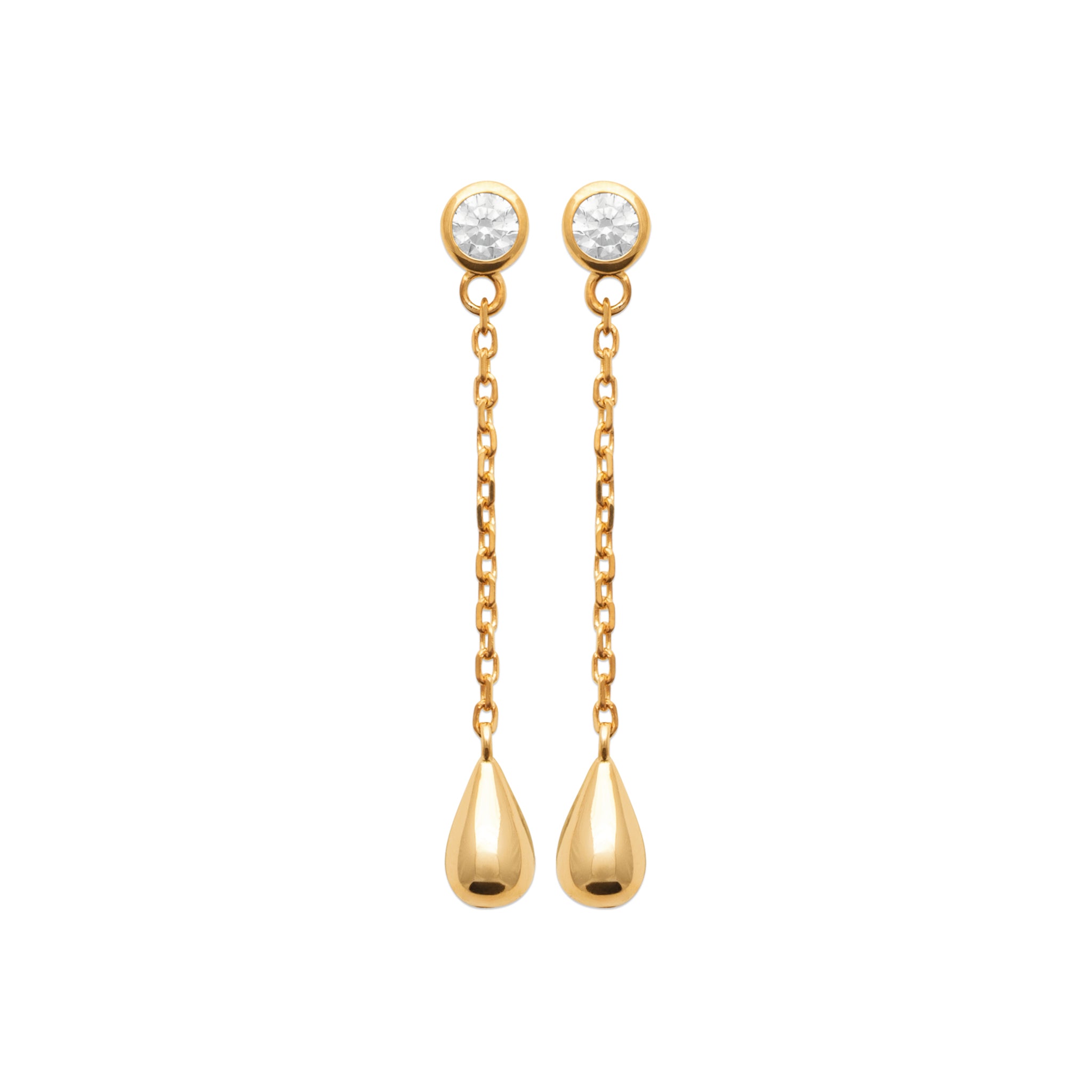 Boucles d'oreilles pendantes dorées Navy  zircon avec pendentif goutte - Bijou photographié sur fond blanc 