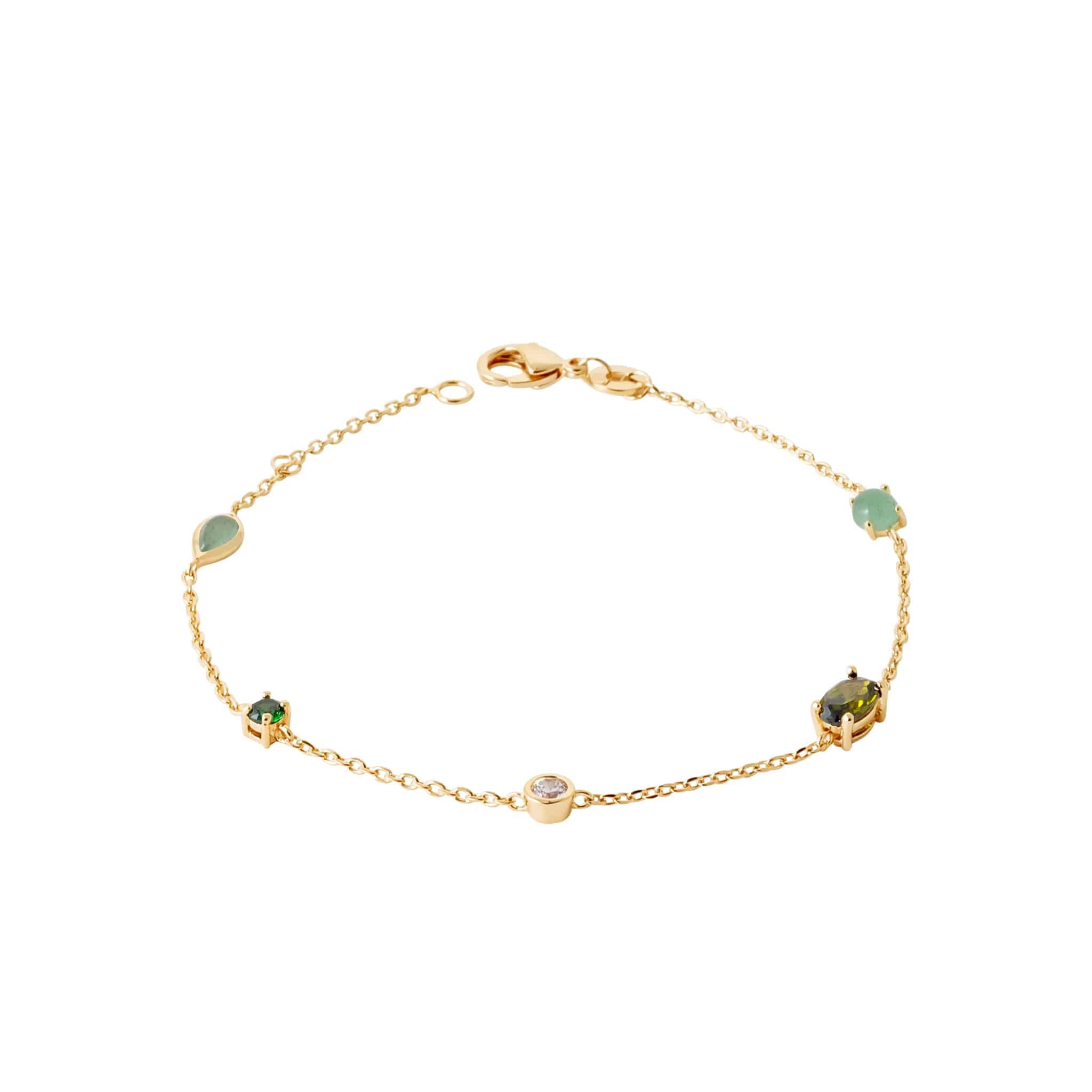 Bracelet Dalia vert chaîne dorée orné de zircons verts - Bijou photographié sur fond blanc 