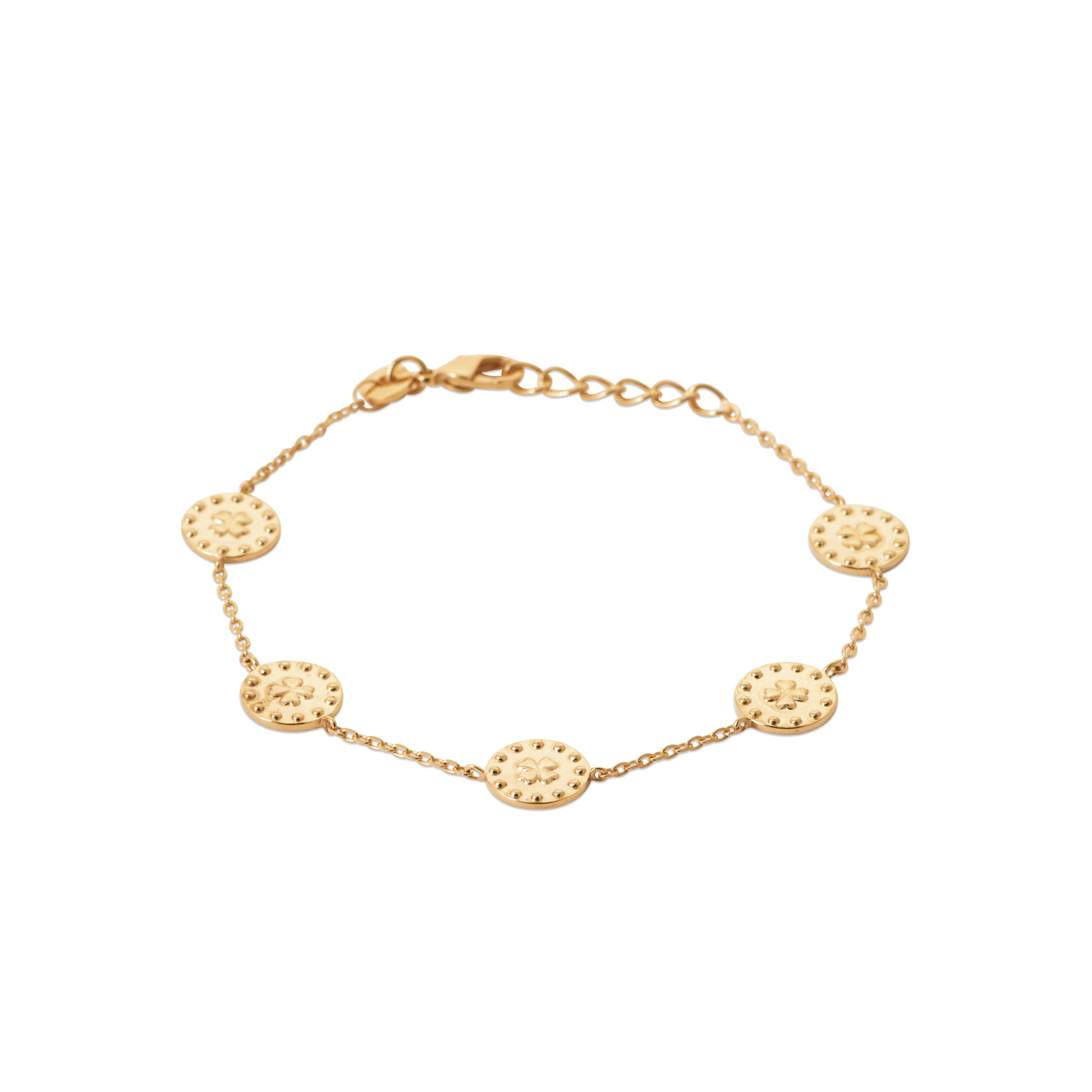 Bracelet Avana chaîne dorée à médaillons travaillés ornés de trèfles - Bijou photographié sur fond blanc 