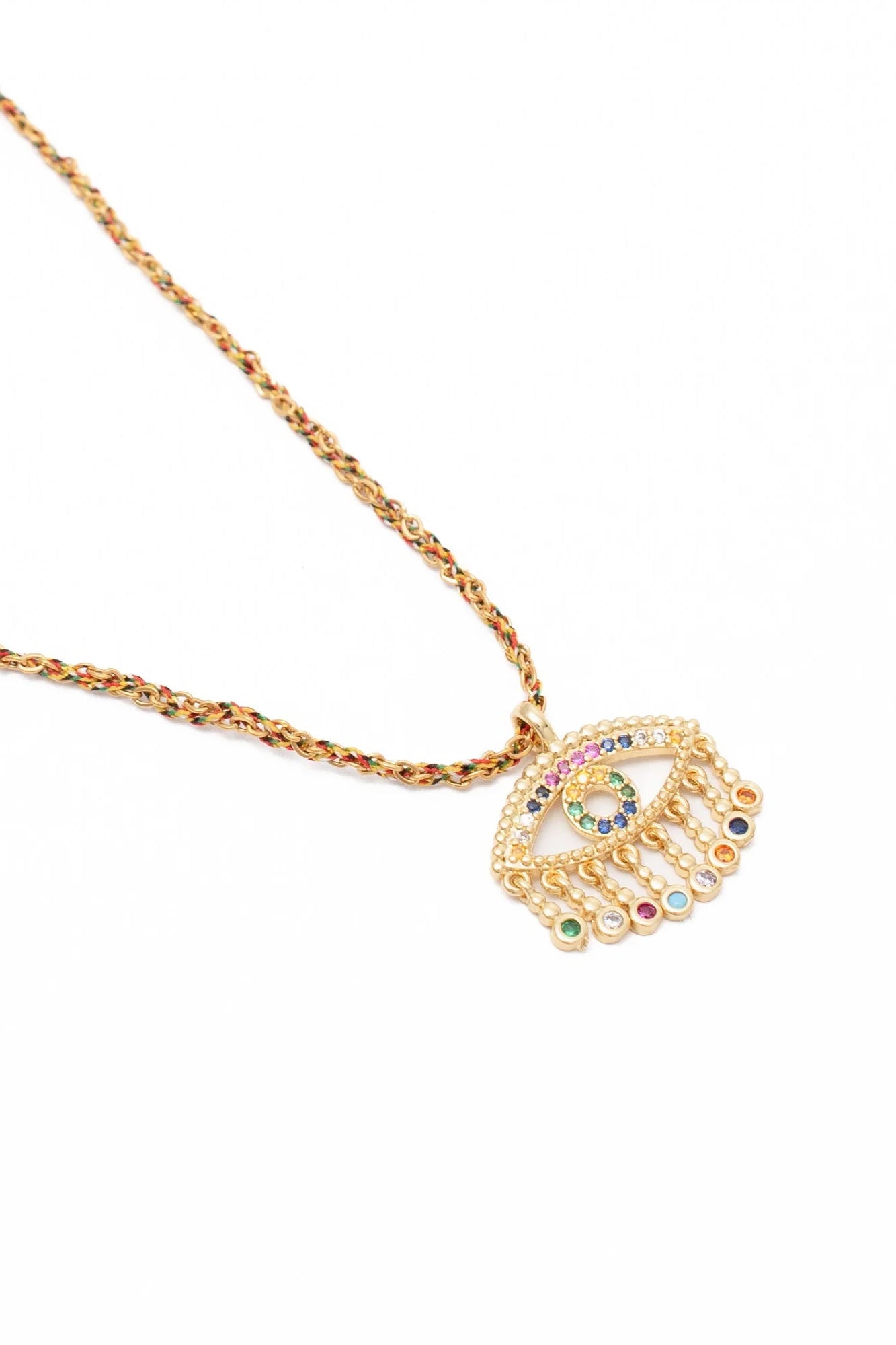 Collier doré Auri œil zircons multicolores - Bijou photographié sur fond blanc