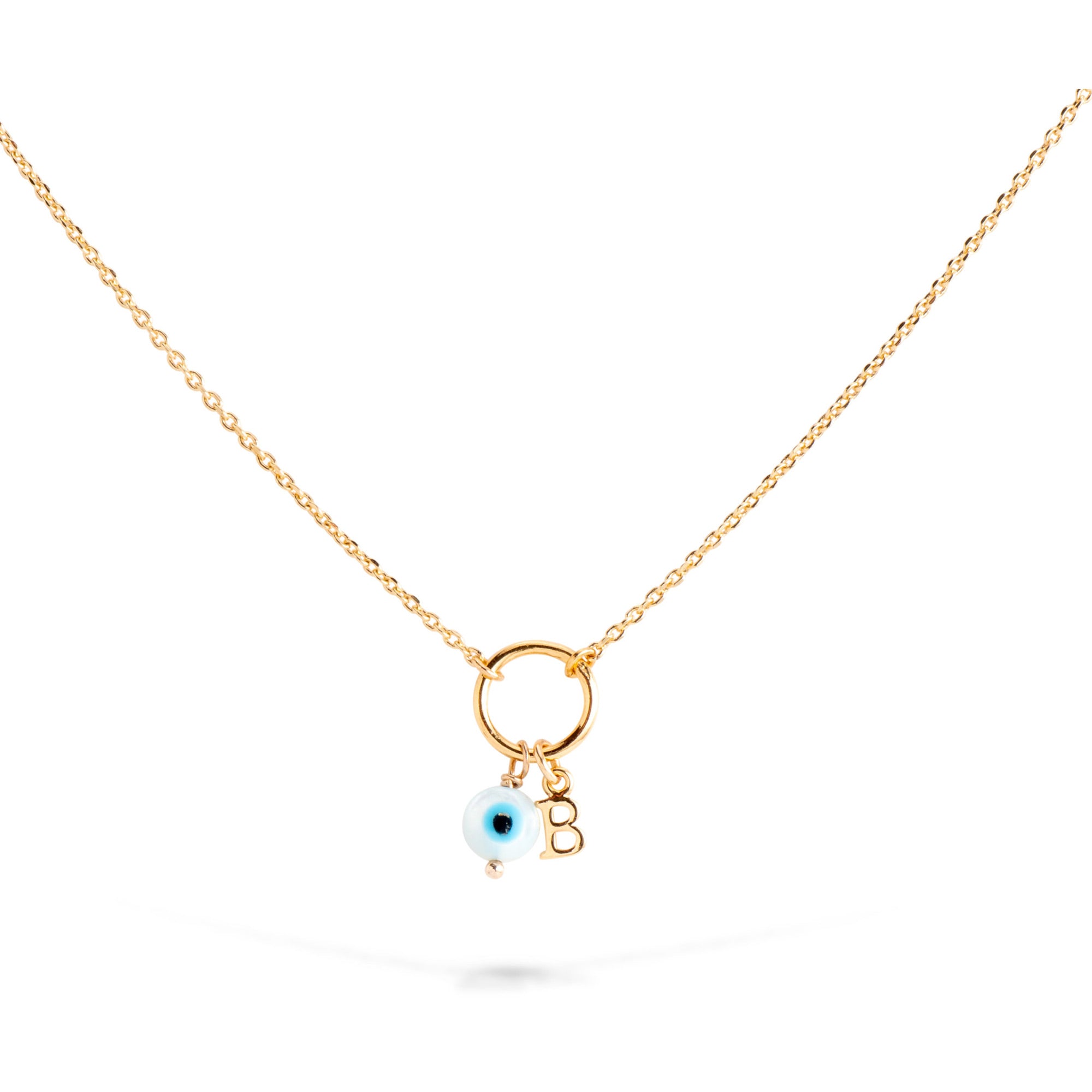 Collier personnalisable Lilou protect doré avec pendentif œil protecteur en nacre -Bijou photographié sur fond blanc