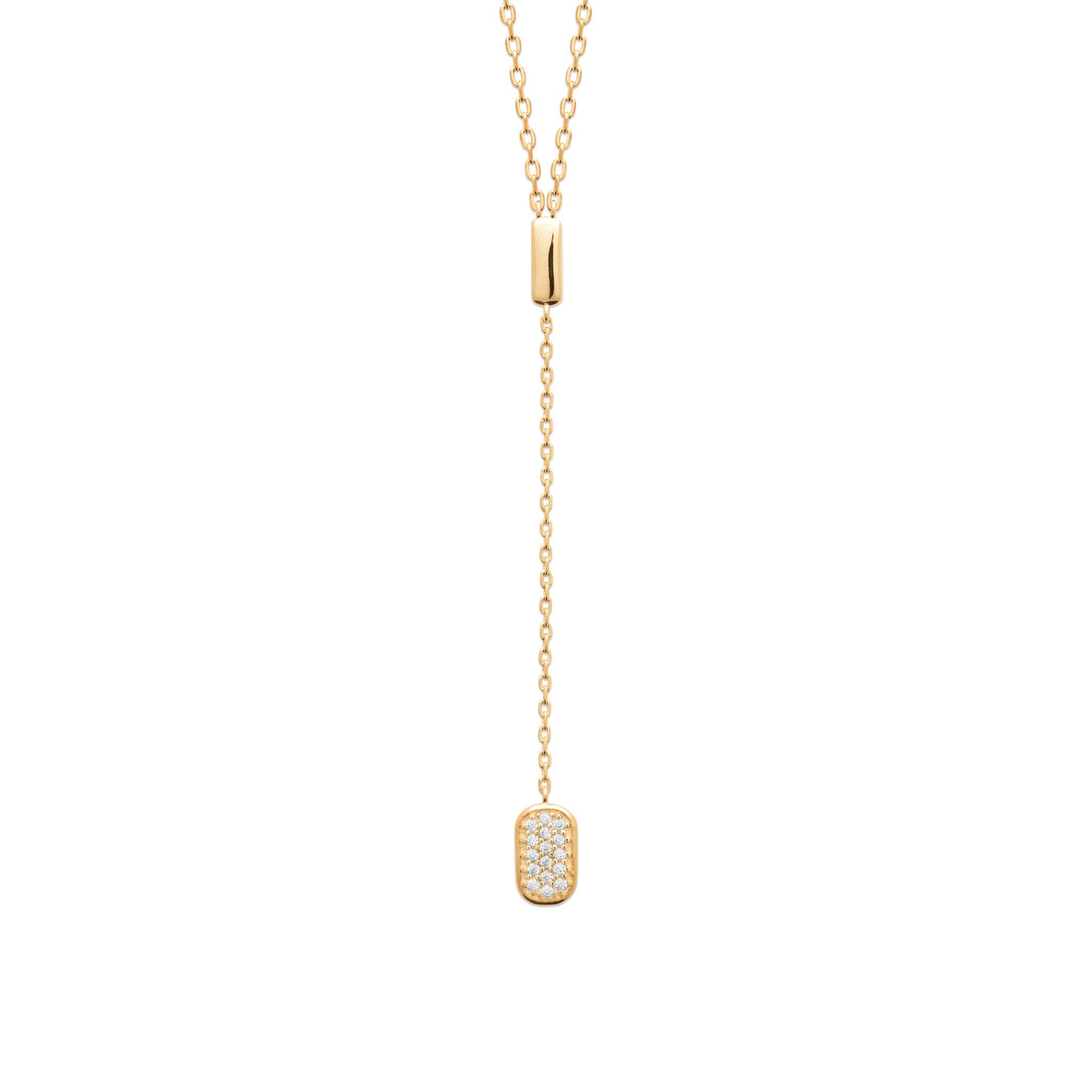 Collier doré Linnea cravate avec pendentif rectangulaire serti de zircons - Bijou photographié sur fond blanc 