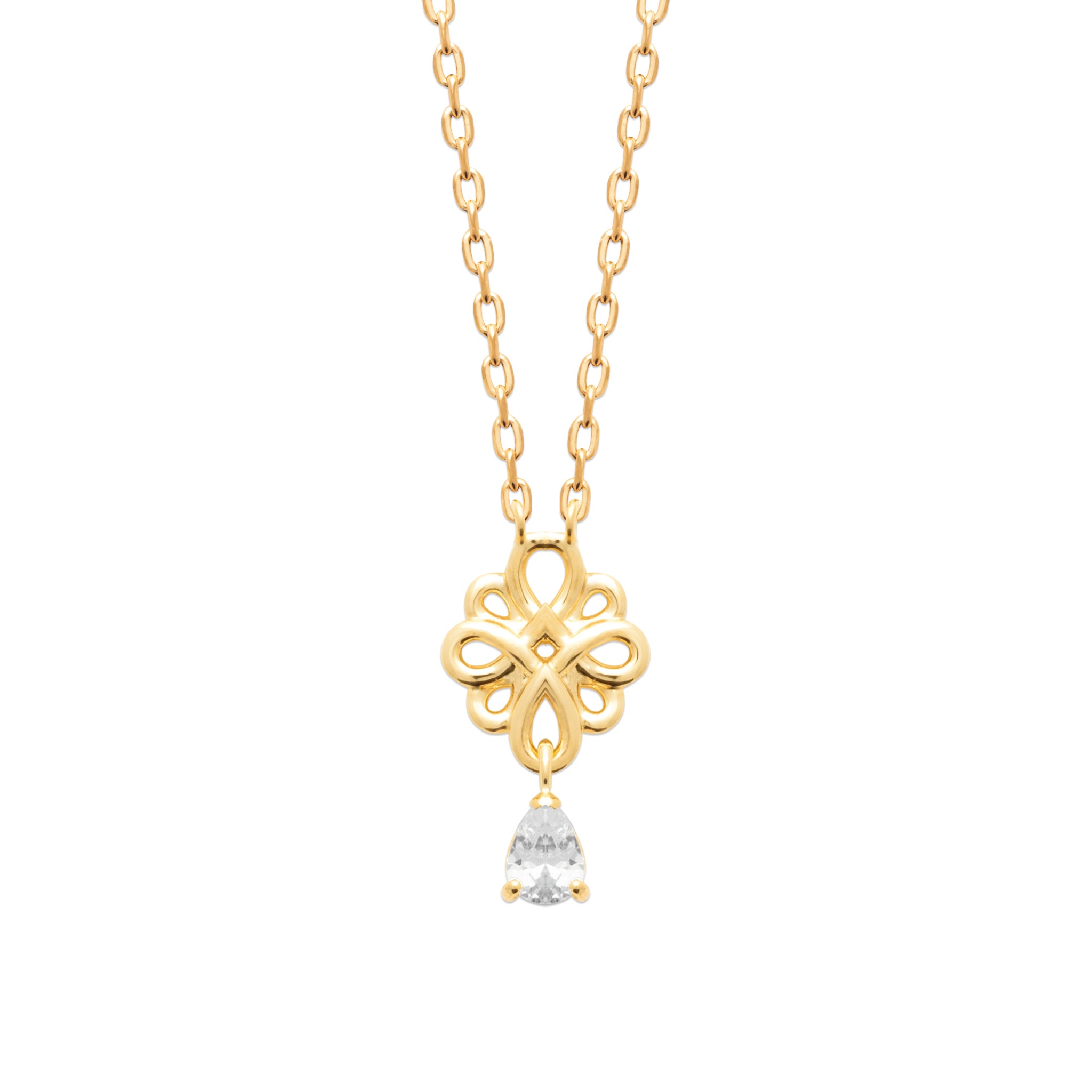 Collier doré nœud de l’infini avec pendentif zircon Joanie - Bijou photographié sur fond blanc