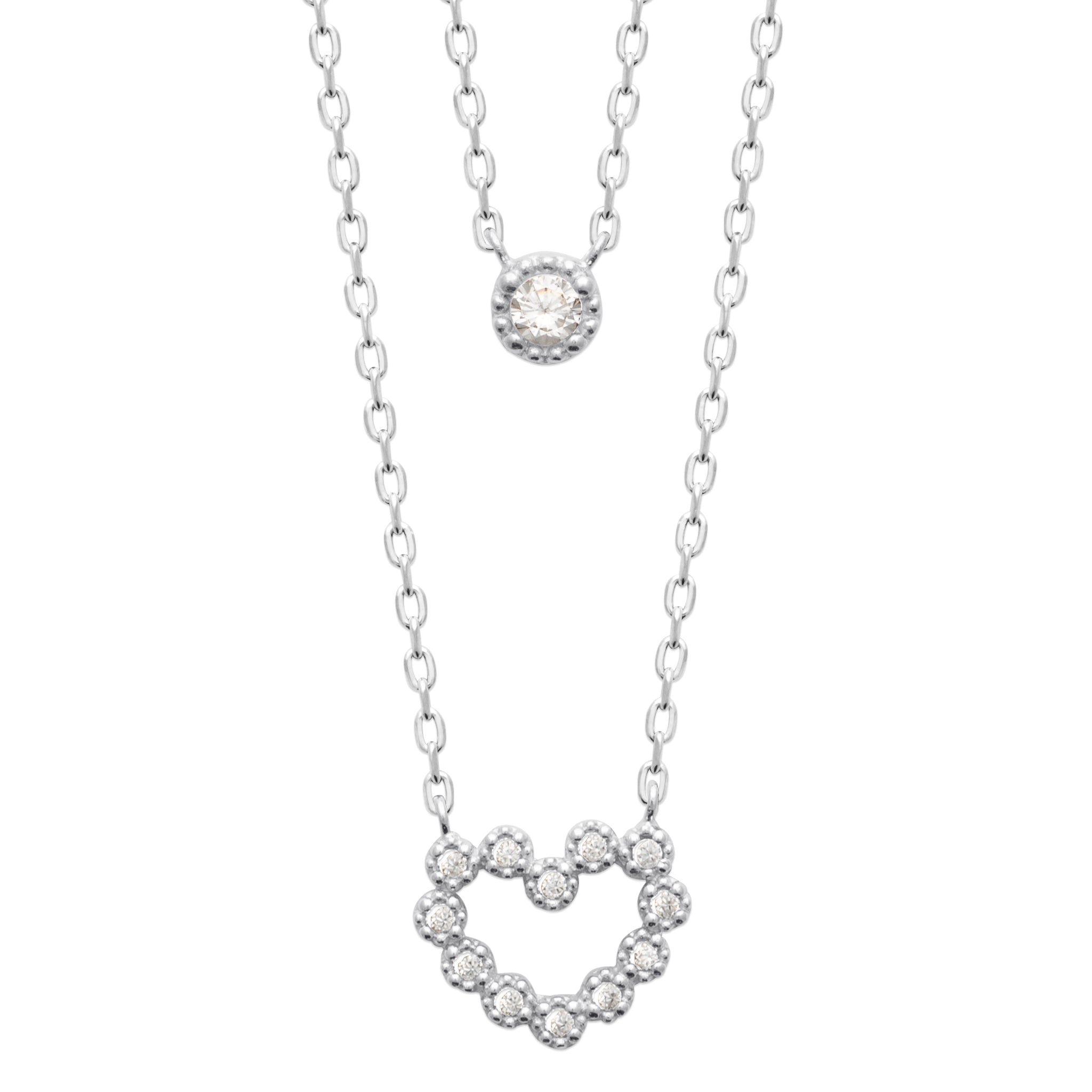 Collier double Lea Argent 925 pendentif en forme de coeur et zircons - Bijou photographié sur fond blanc 