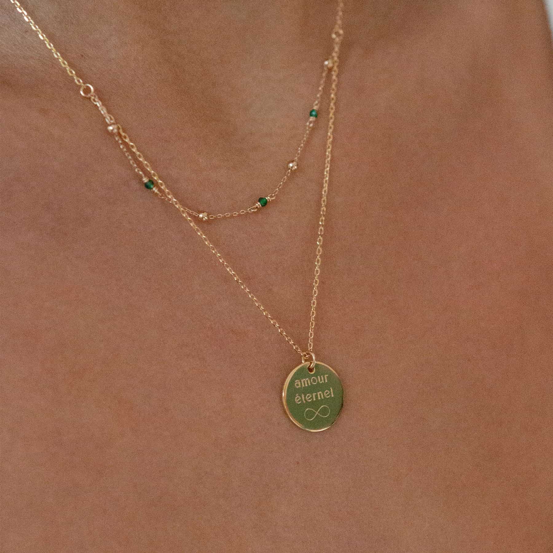 Collier double dore personnalisable pour gravure agate verte Ava - Bijou porté
