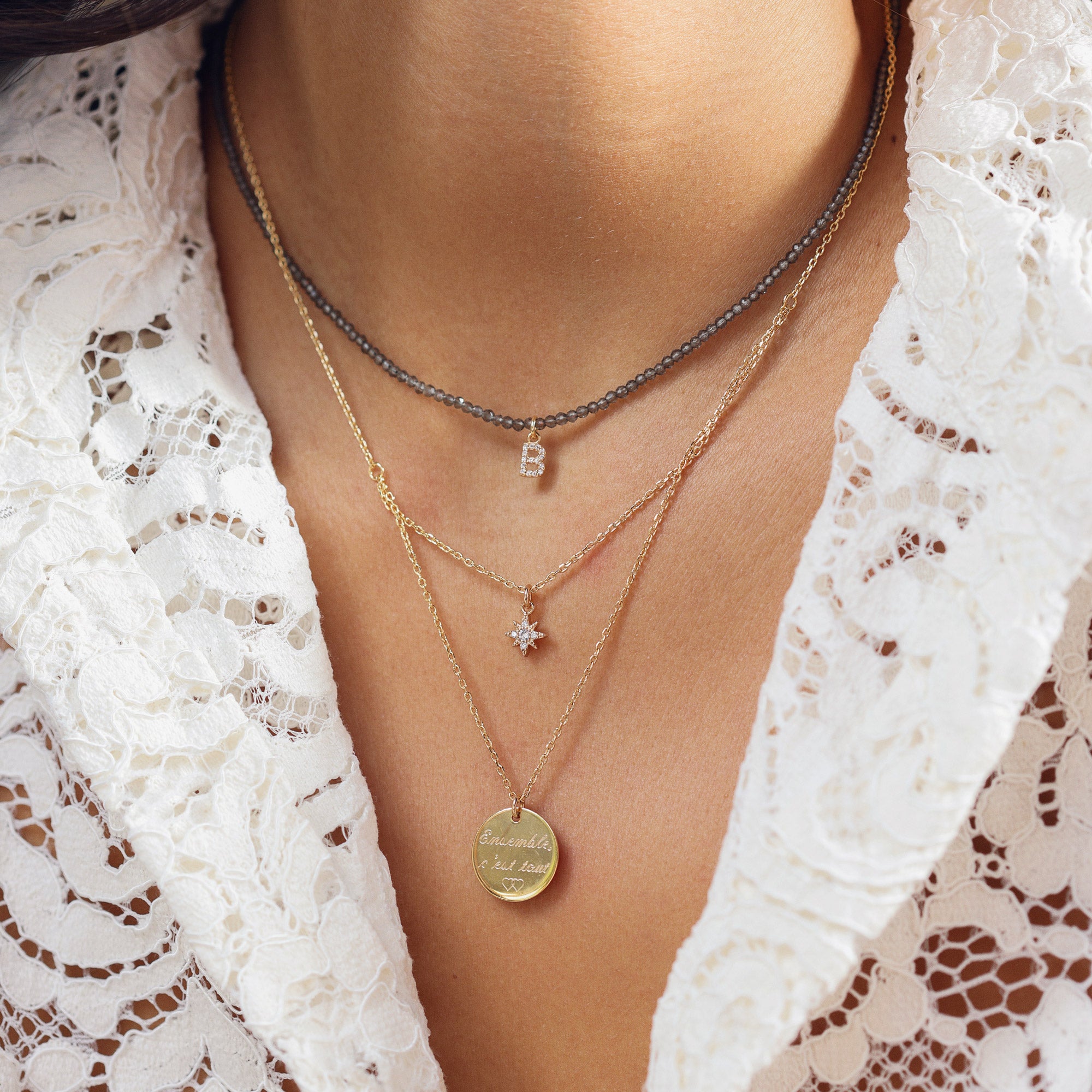 Collier double doré personnalisable pour gravure étoile zircons Céleste - Bijou porté
