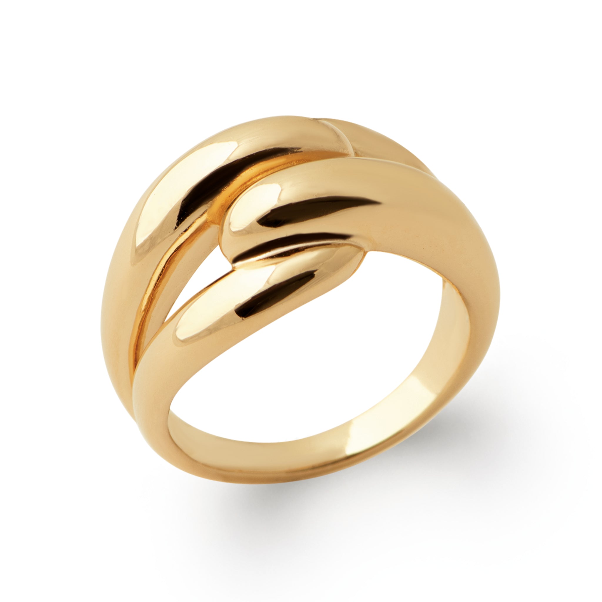 Grosse bague dorée Manoa avec un nœud - Bijou photographié sur fond blanc 