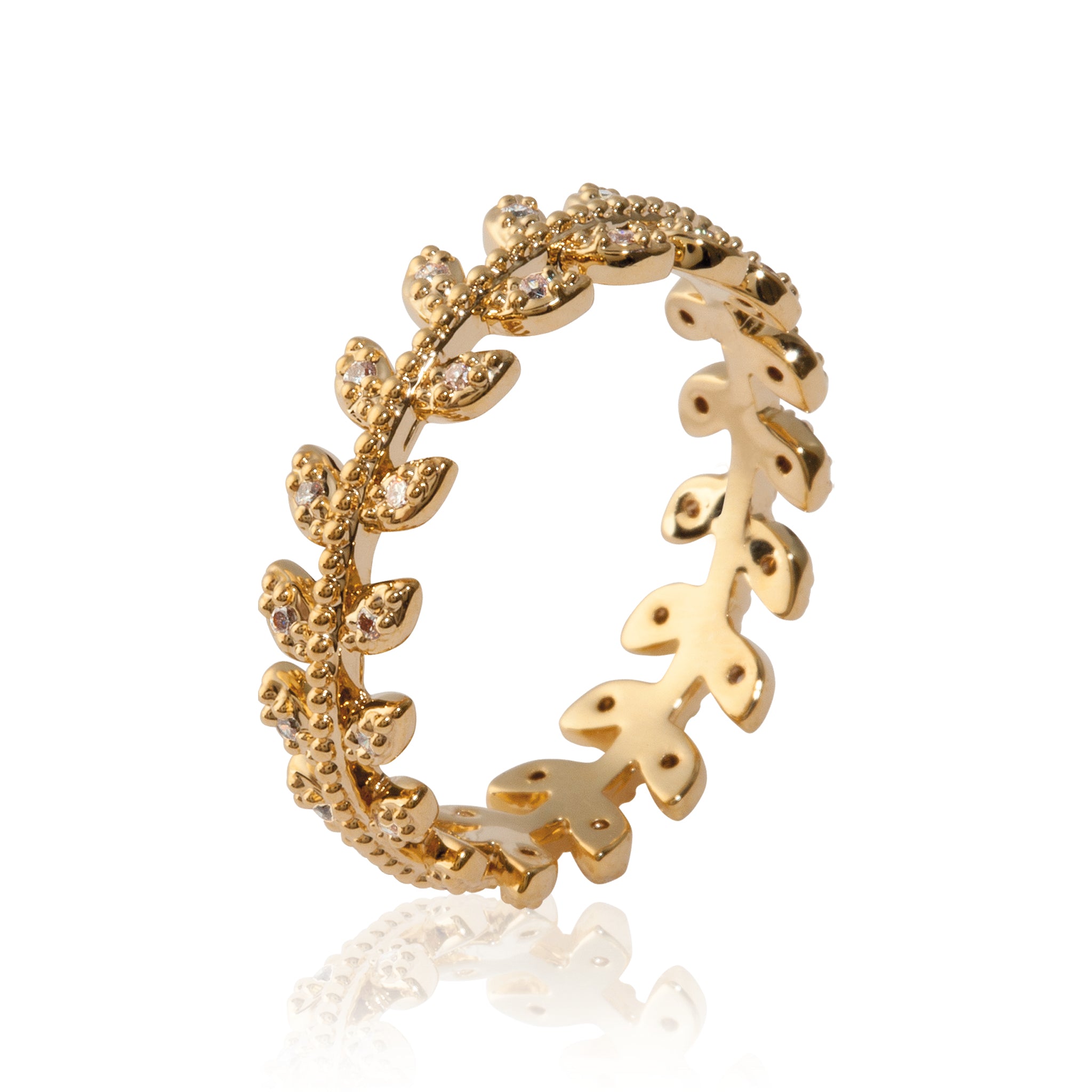Bague dorée Alexane zircons feuilles de laurier - Bijou photographié sur fond blanc