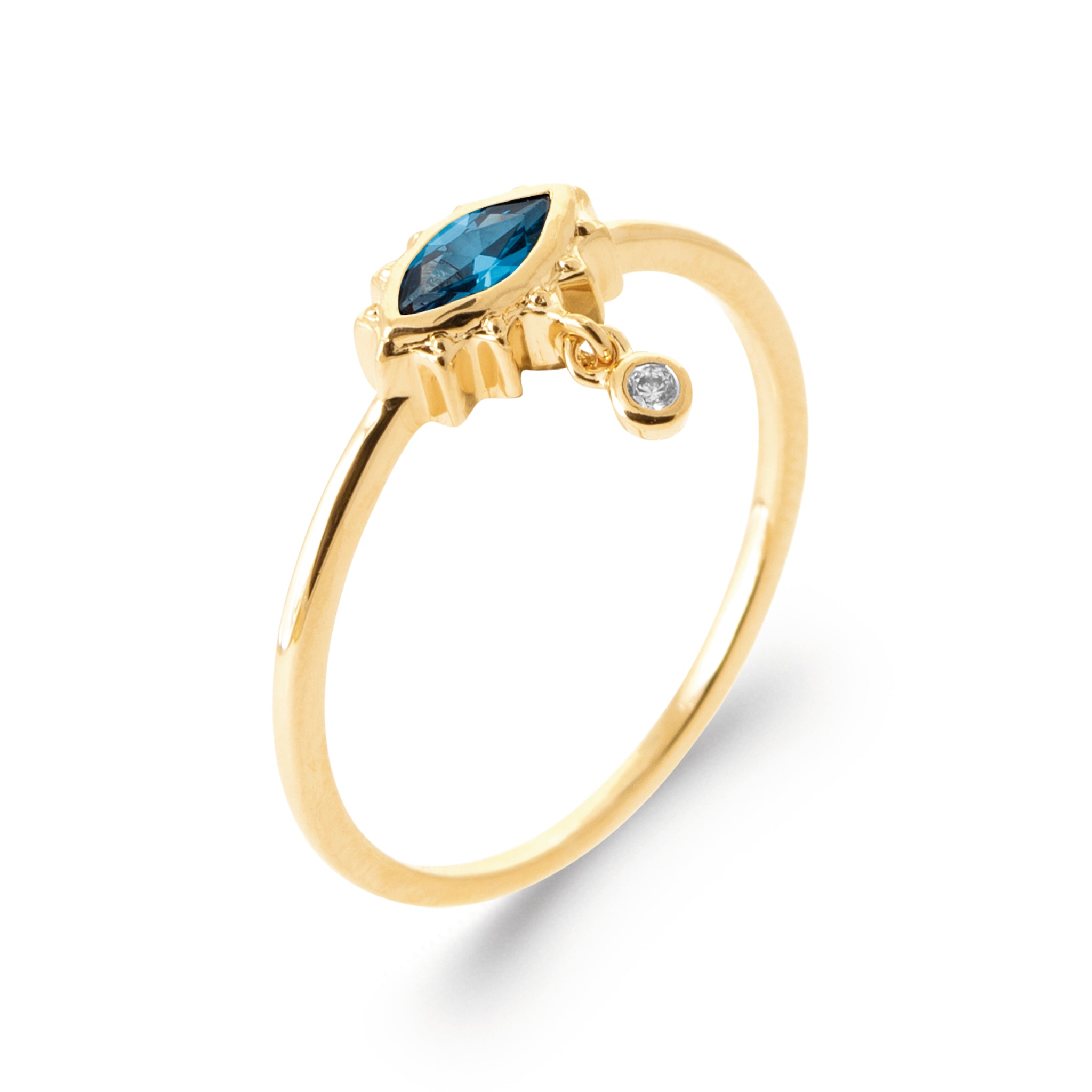 Bague dorée Camille bleu œil serti d'un zircon bleu avec un pendentif zircon blanc - Bijou photographié sur fond blanc