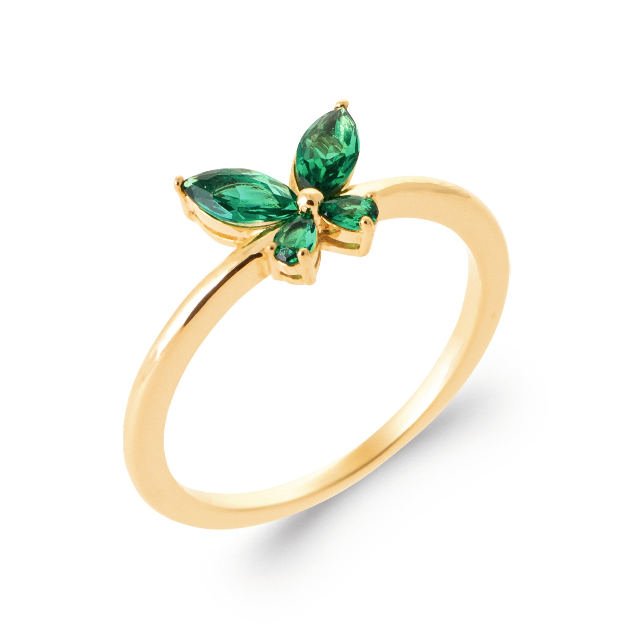 Bague dorée Lara vert zircons papillon - Bijou photographié sur fond blanc