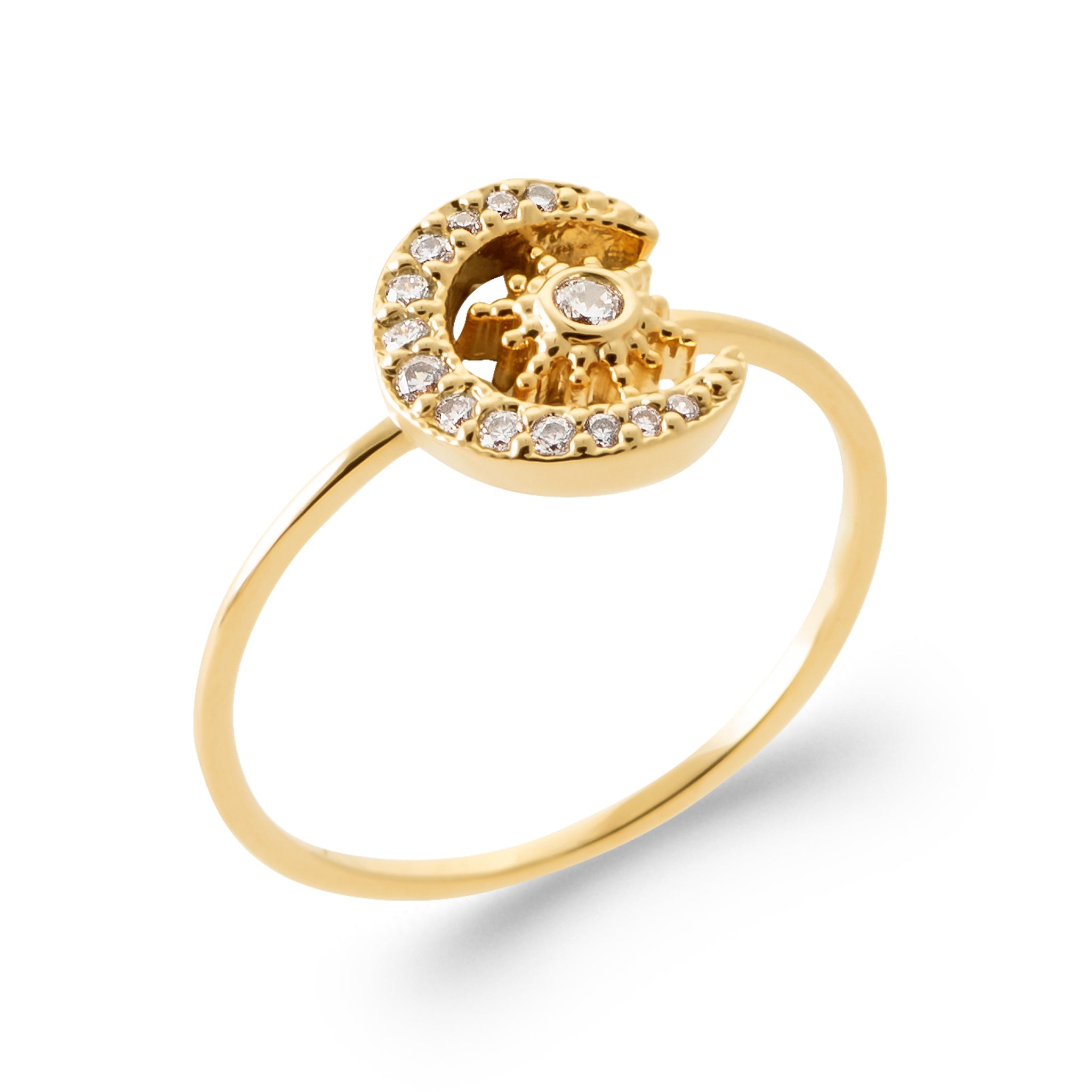 Bague dorée Zoélie soleil et lune zircons - Bijou photographié sur fond blanc