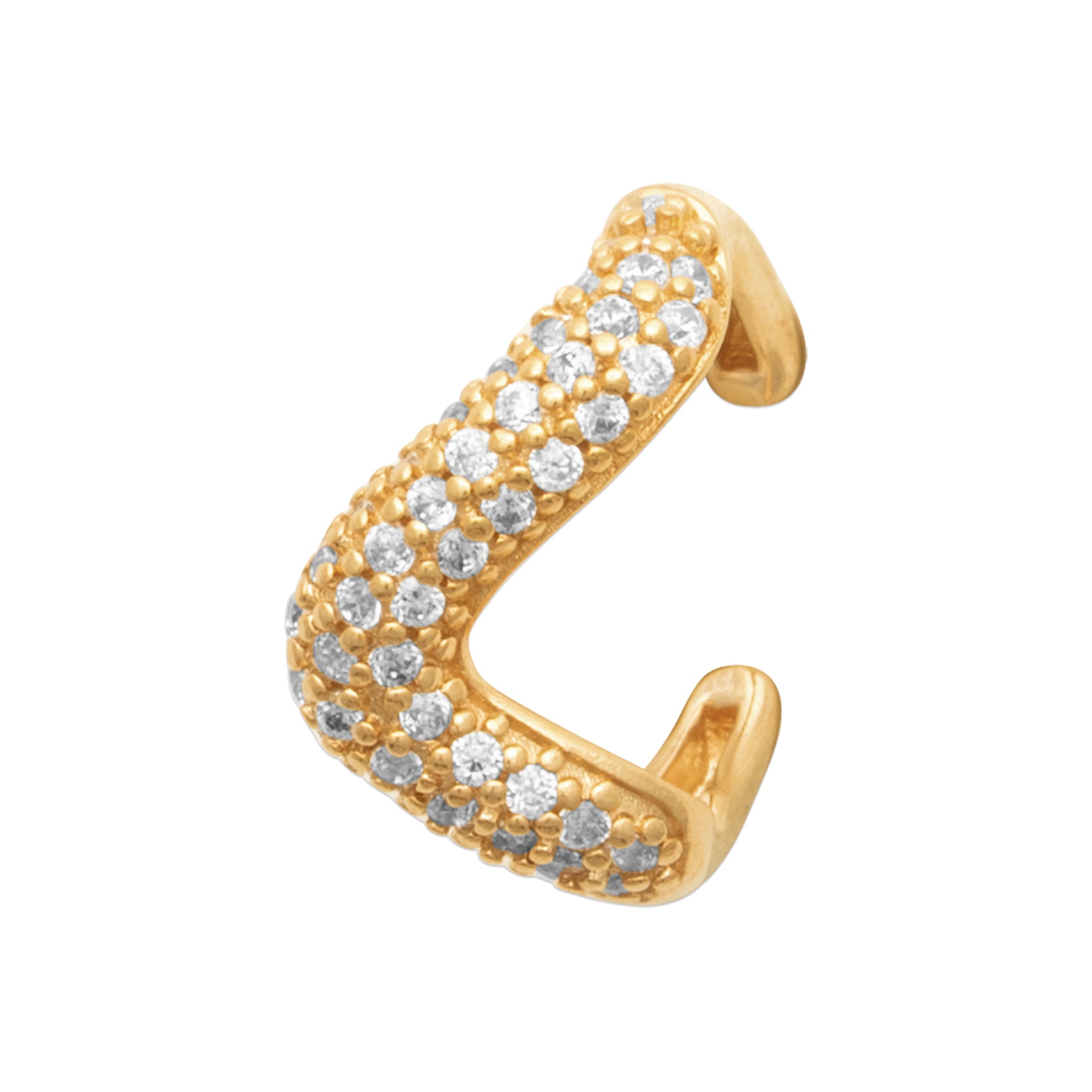 Bague d'oreille dorée Dune en forme de vague sertie de zircons - Bijou photographié sur fond blanc