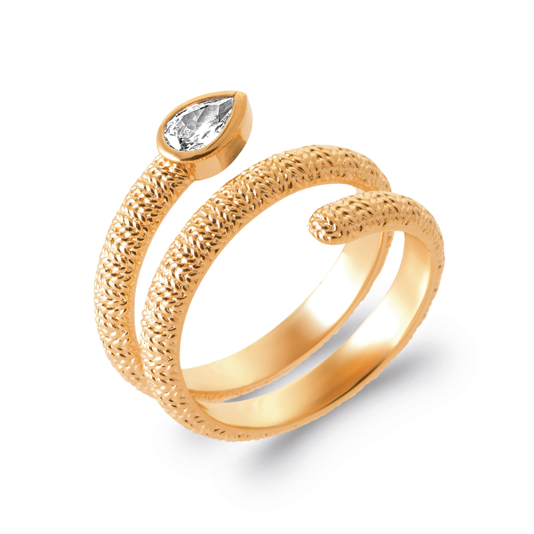 Bague dorée Abi zircon en spirale texturée ornée d'un zircon - Bijou photographié sur fond blanc