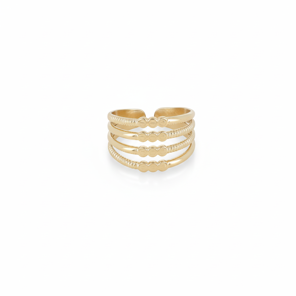 Bague ajustable dorée Indie effet multiples anneaux ornée de petites pastilles - Bijou photographié sur fond blanc