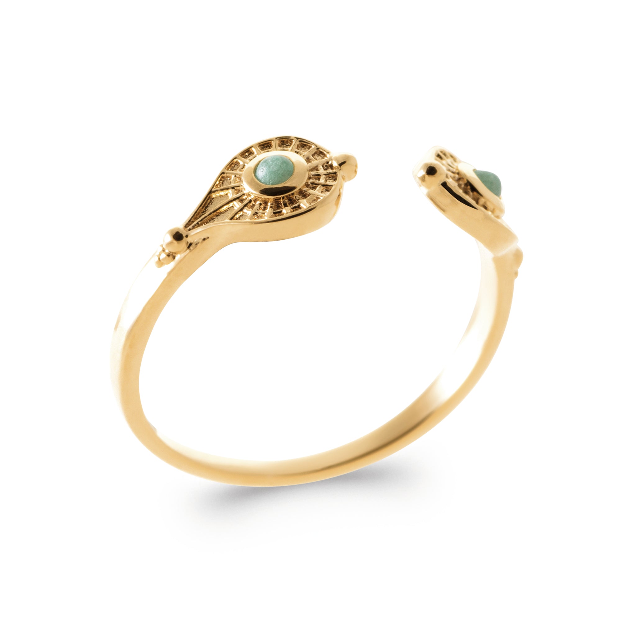 Bague dorée Inti avec pierre naturelle aventurine - Bijou photographié sur fond blanc