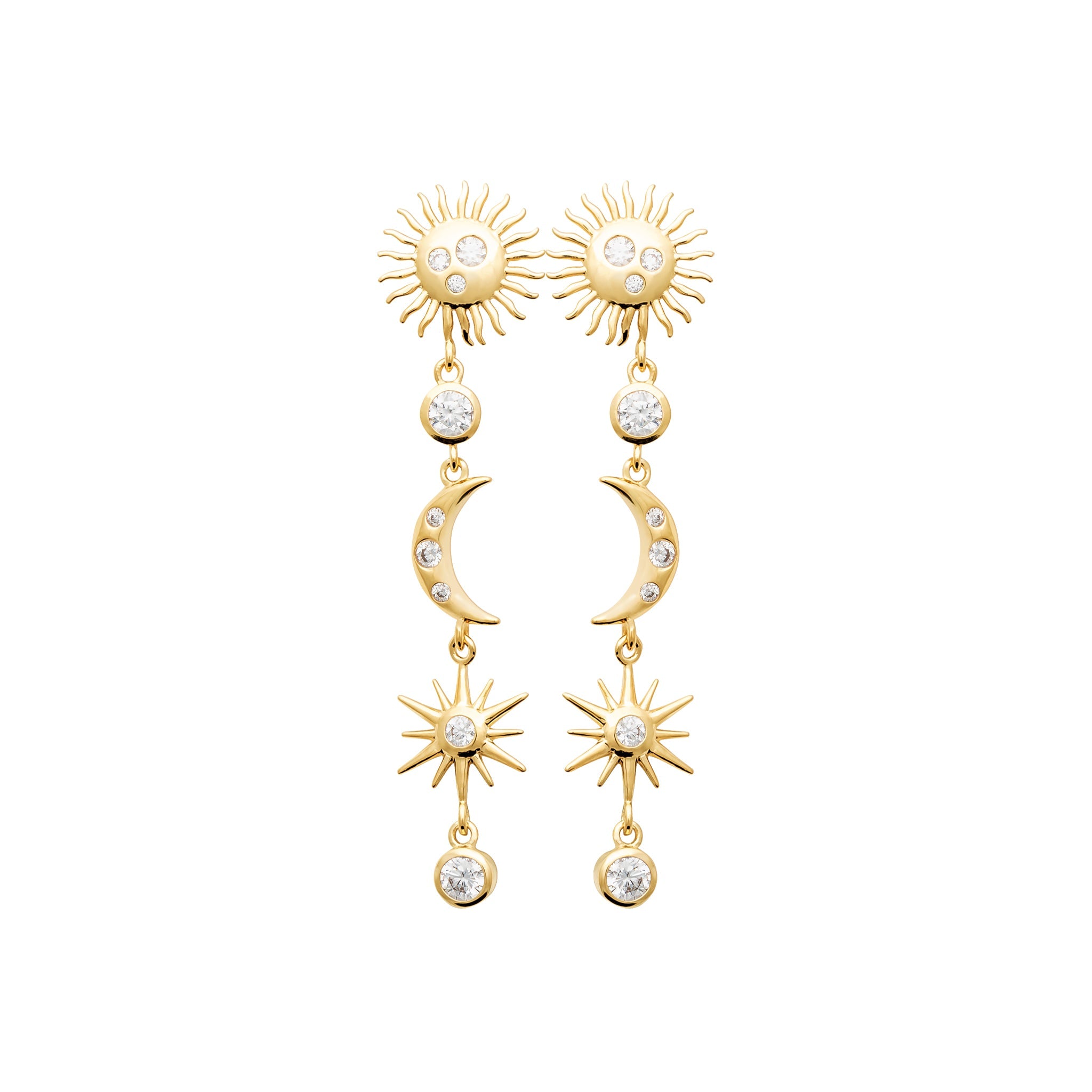 Boucles d'oreilles pendantes étoiles, lune et soleil - Bijou photographié sur fond blanc