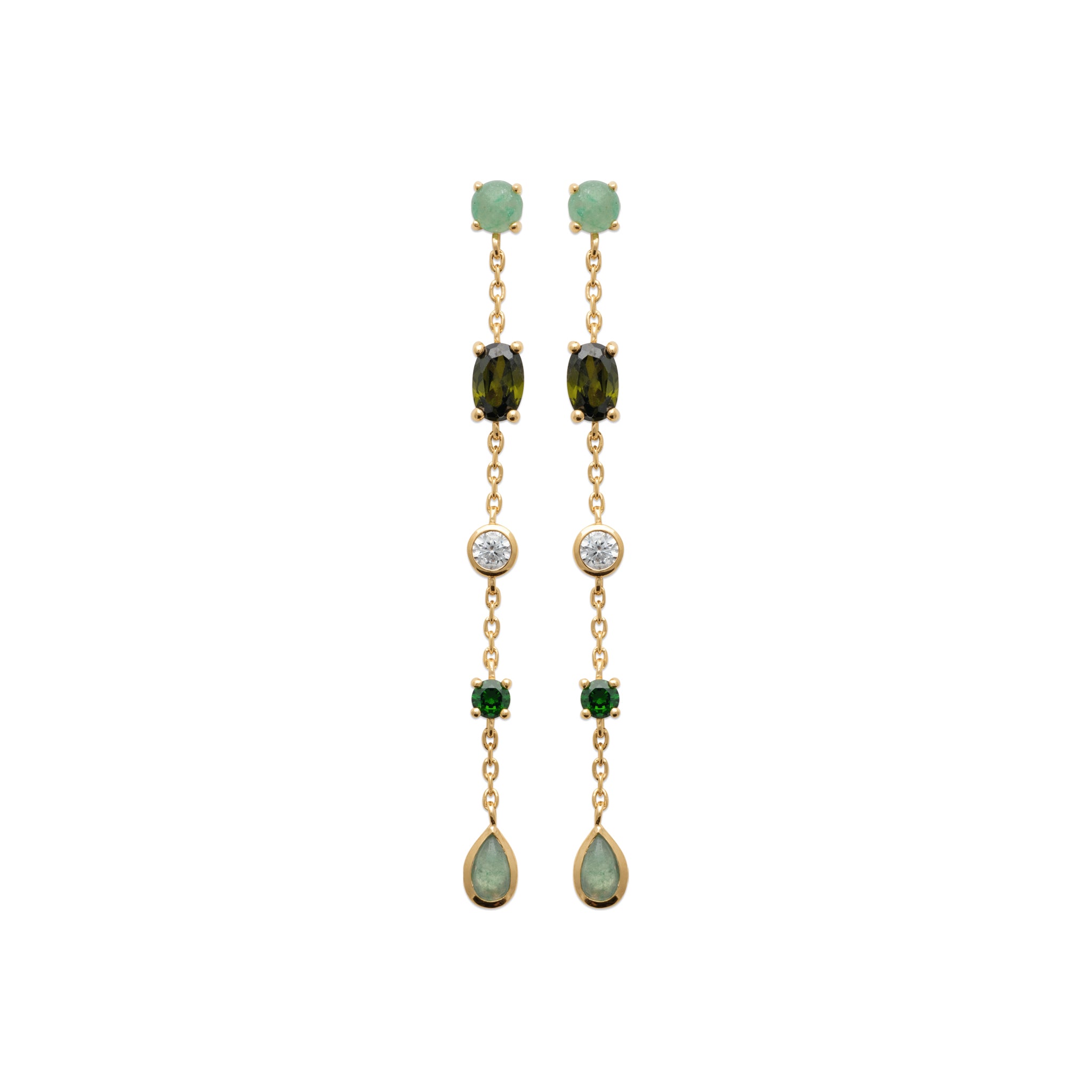 Boucles d'oreilles pendantes Dalia vert zircons et aventurine - Bijou photographié sur fond blanc