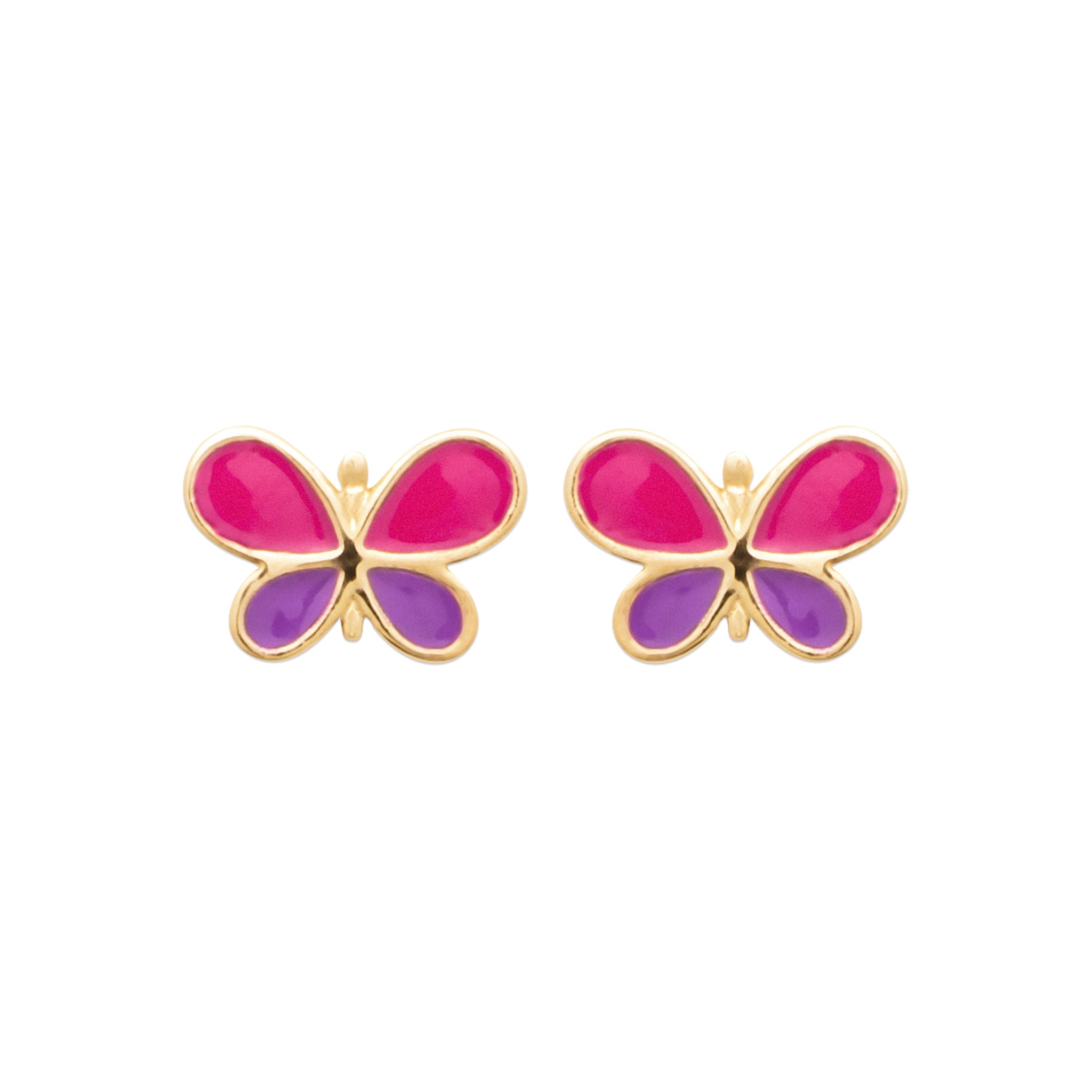 Boucles d'oreilles pour enfant dorées papillon rose et violet Justine - Bijou photographié sur fond blanc
