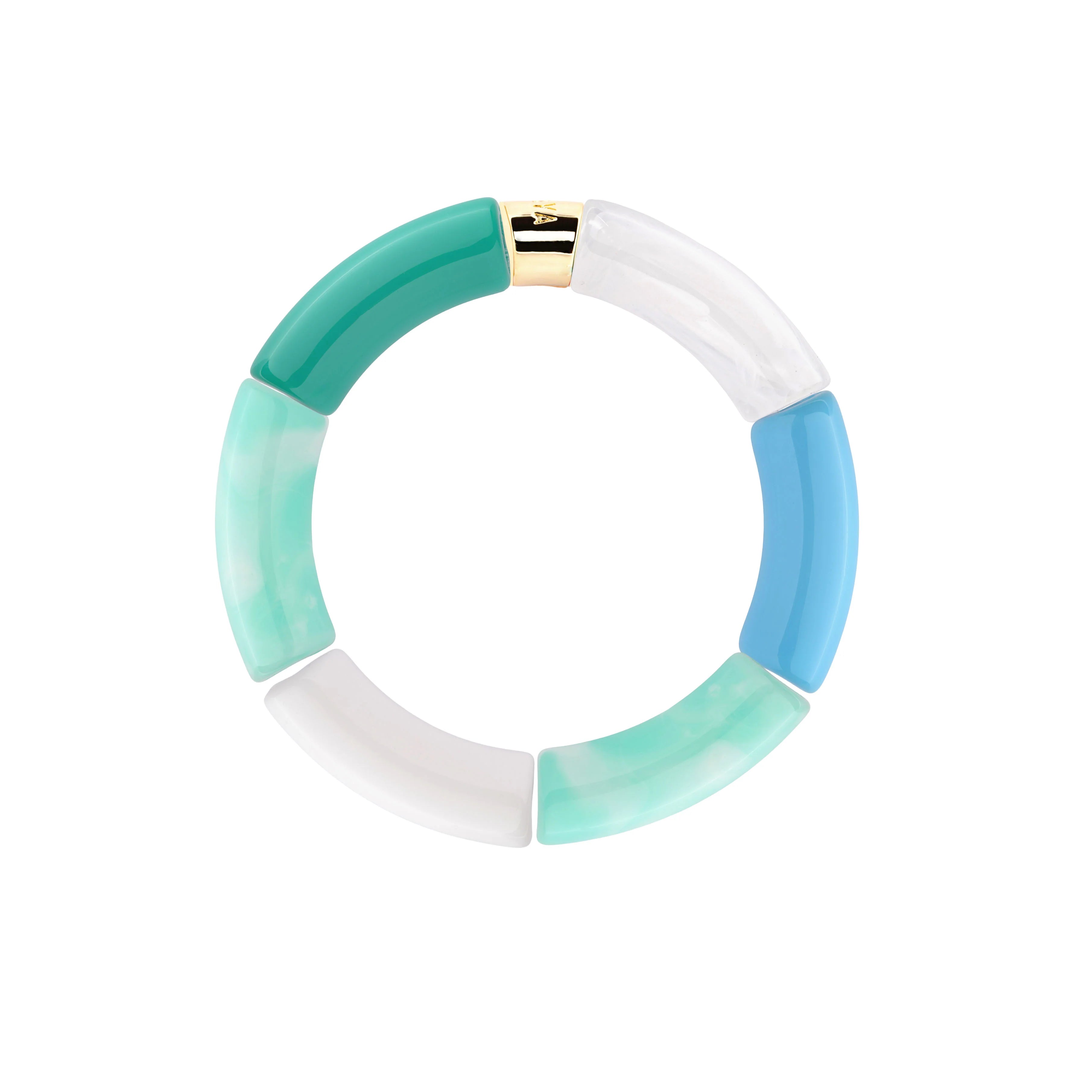 Bracelet doré en résine et acrylique turquoise, bleu et blanc Oceano 3 - Bijou photographié sur fond blanc