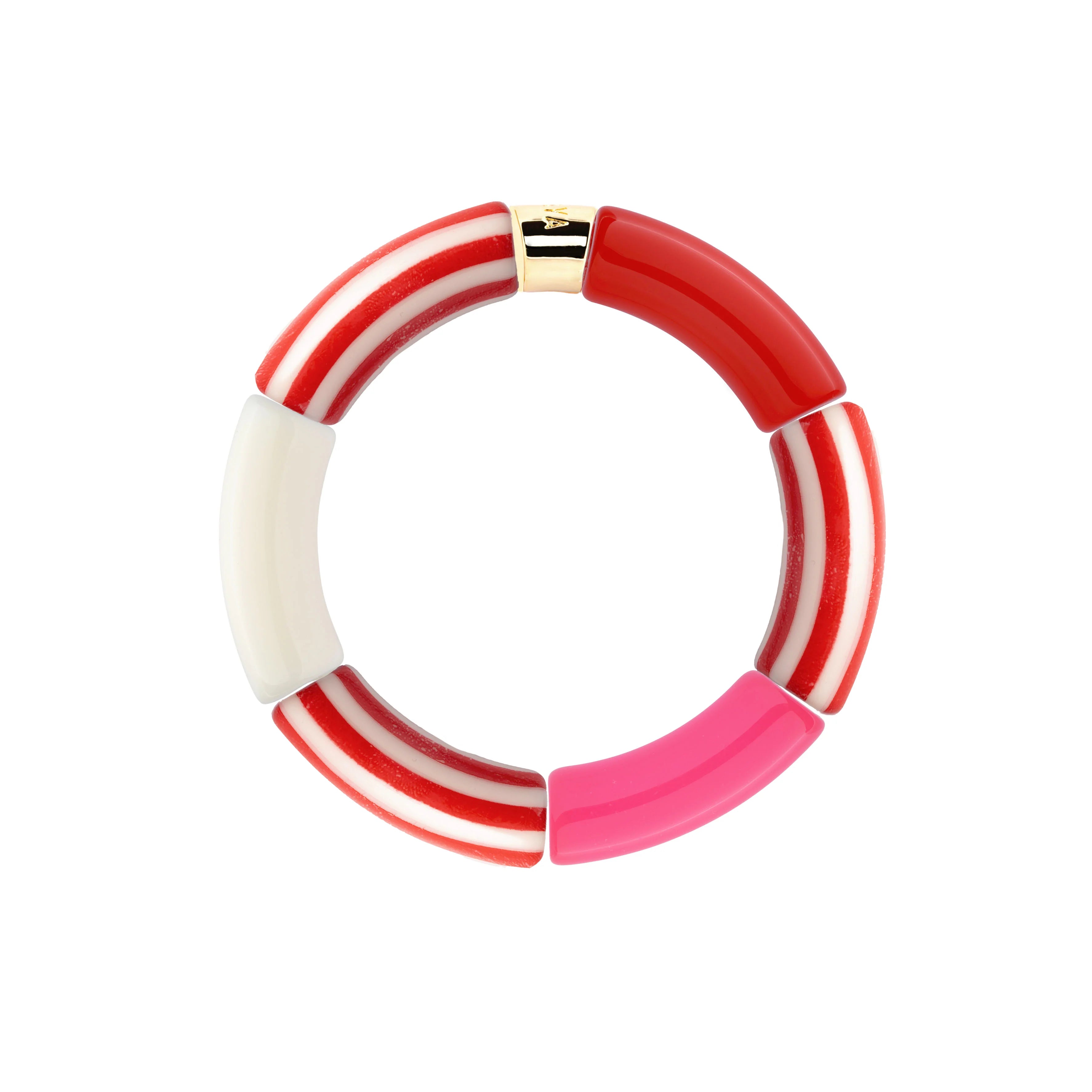 Bracelet doré Riviera Magenta 3 rouge, rose fuchsia et blanc - Bijou photographié sur fond blanc