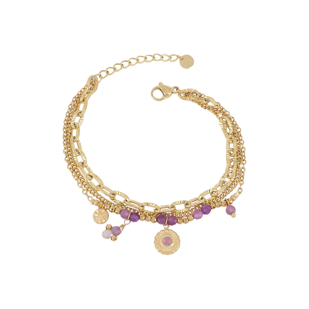 Bracelet triple doré Nino améthyste avec pendentifs - Bijou photographié sur fond blanc