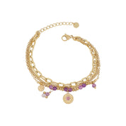 Bracelet triple doré Nino améthyste avec pendentifs - Bijou photographié sur fond blanc