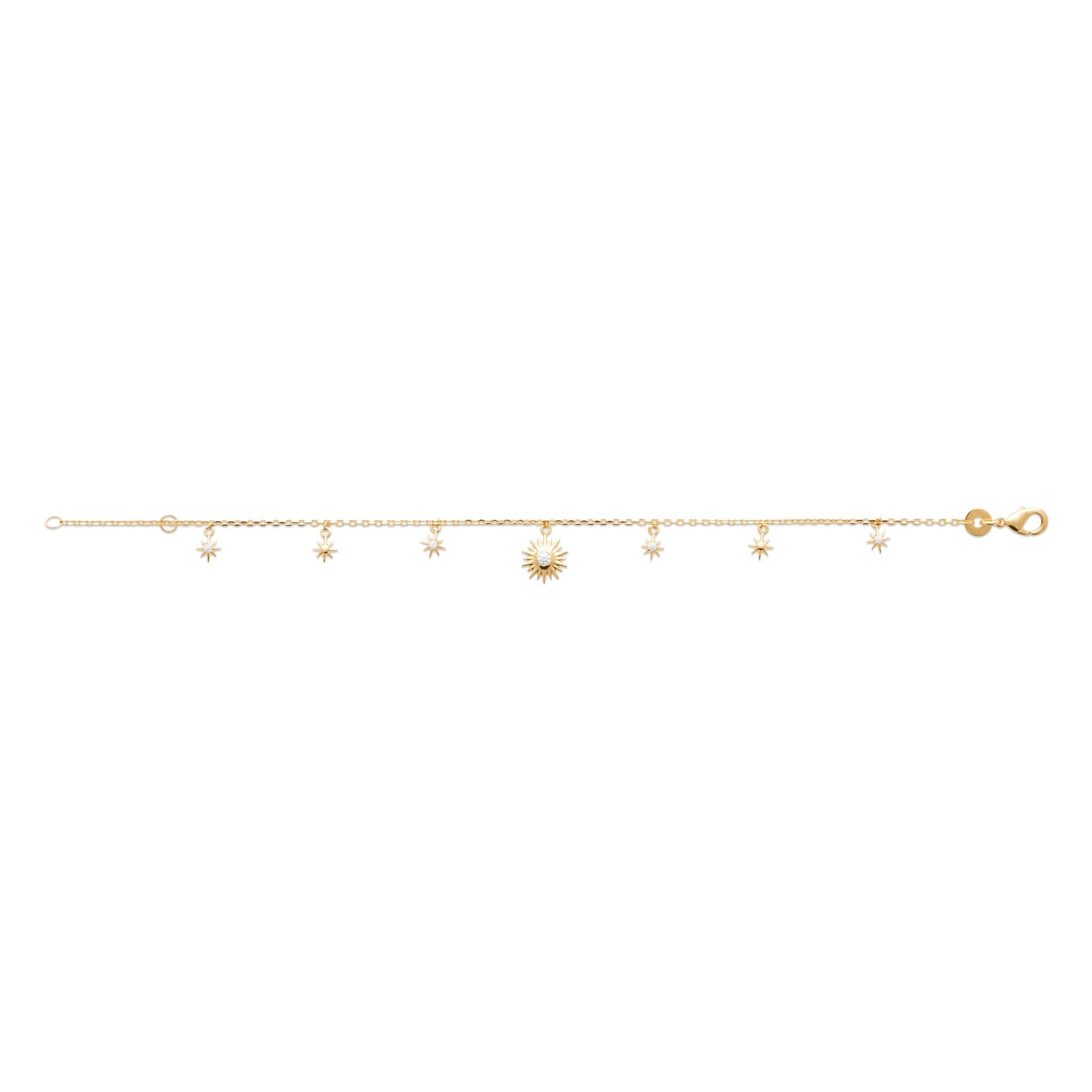 Bracelet doré Céleste pampilles soleil et étoiles avec zircons - Bijou photographié sur fond blanc