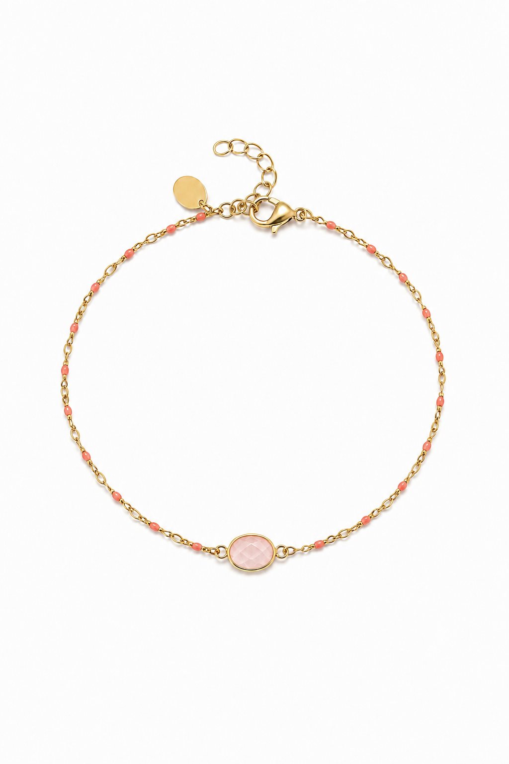 Bracelet doré Gaelle chaîne dorée ornée de petites billes d’émail et d'une pierre en agate rose ovale - Bijou sur fond blanc