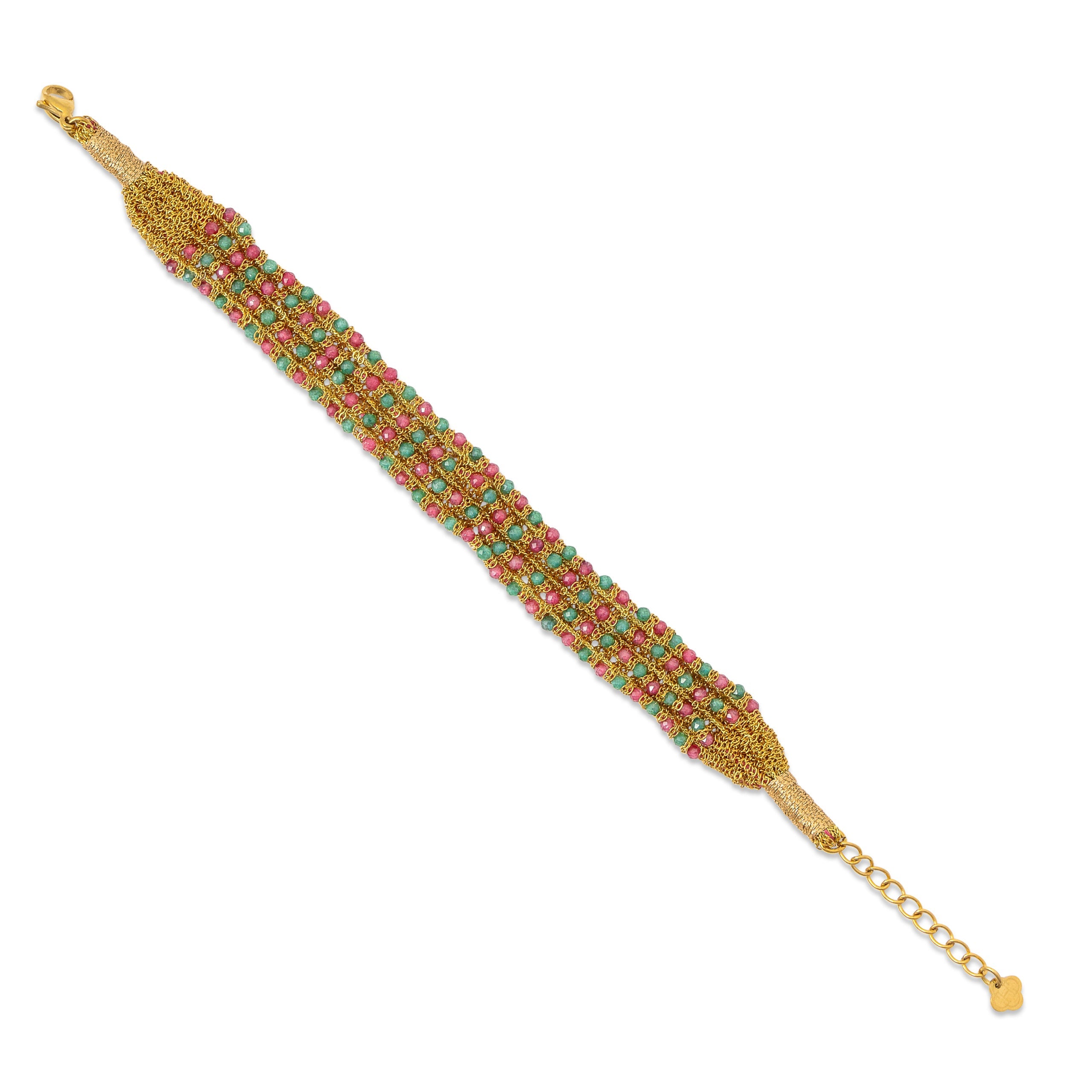 Bracelet tissé doré pierres naturelles leni rose et vert - Bijou sur fond blanc