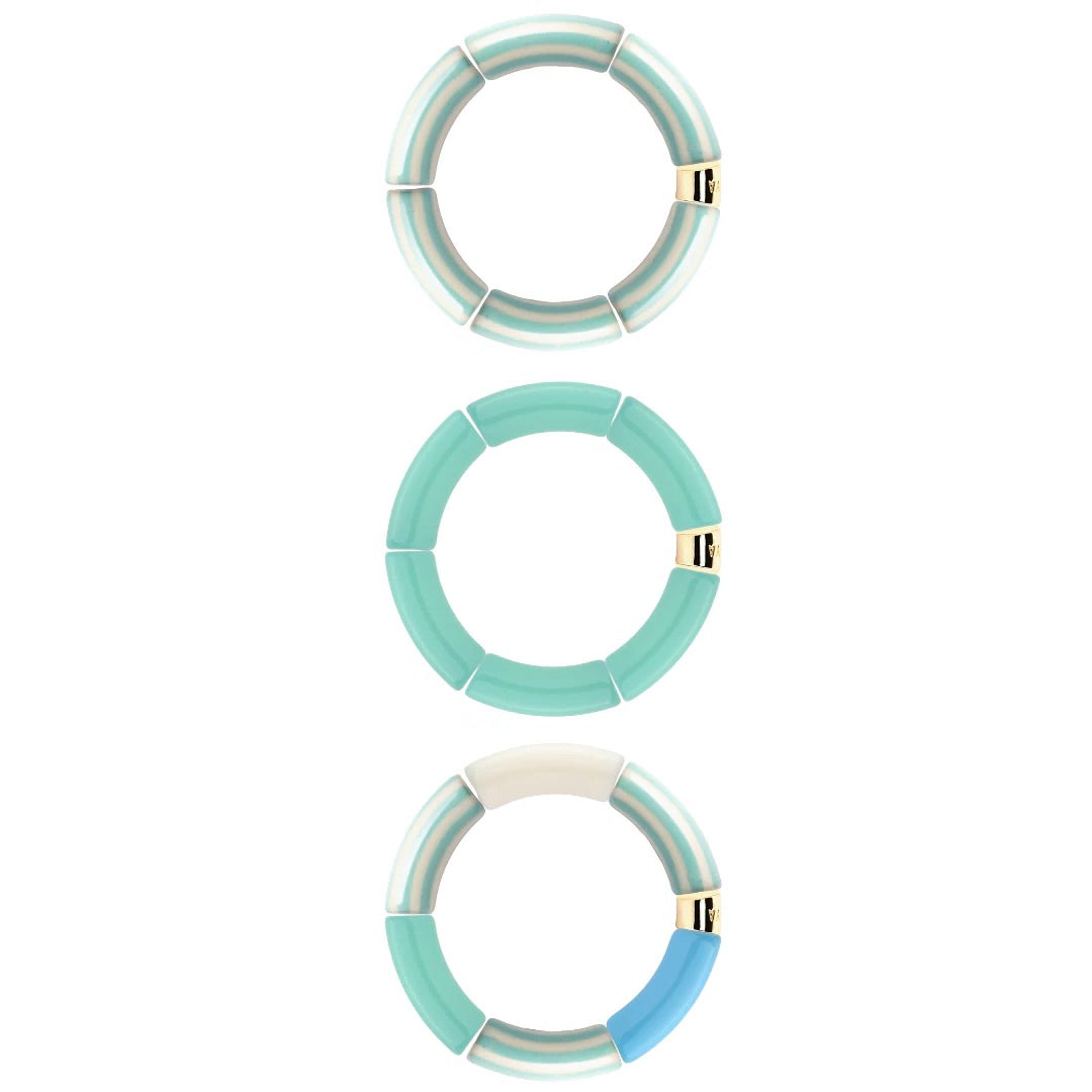 Bracelets dorés Riviera Lagon trio turquoise, vert d'eau, bleu et blanc - Bijoux photographiés sur fond blanc