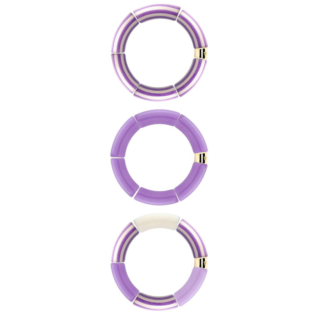 Bracelets dorés Riviera Lila trio violet et blanc - Bijoux photographiés sur fond blanc