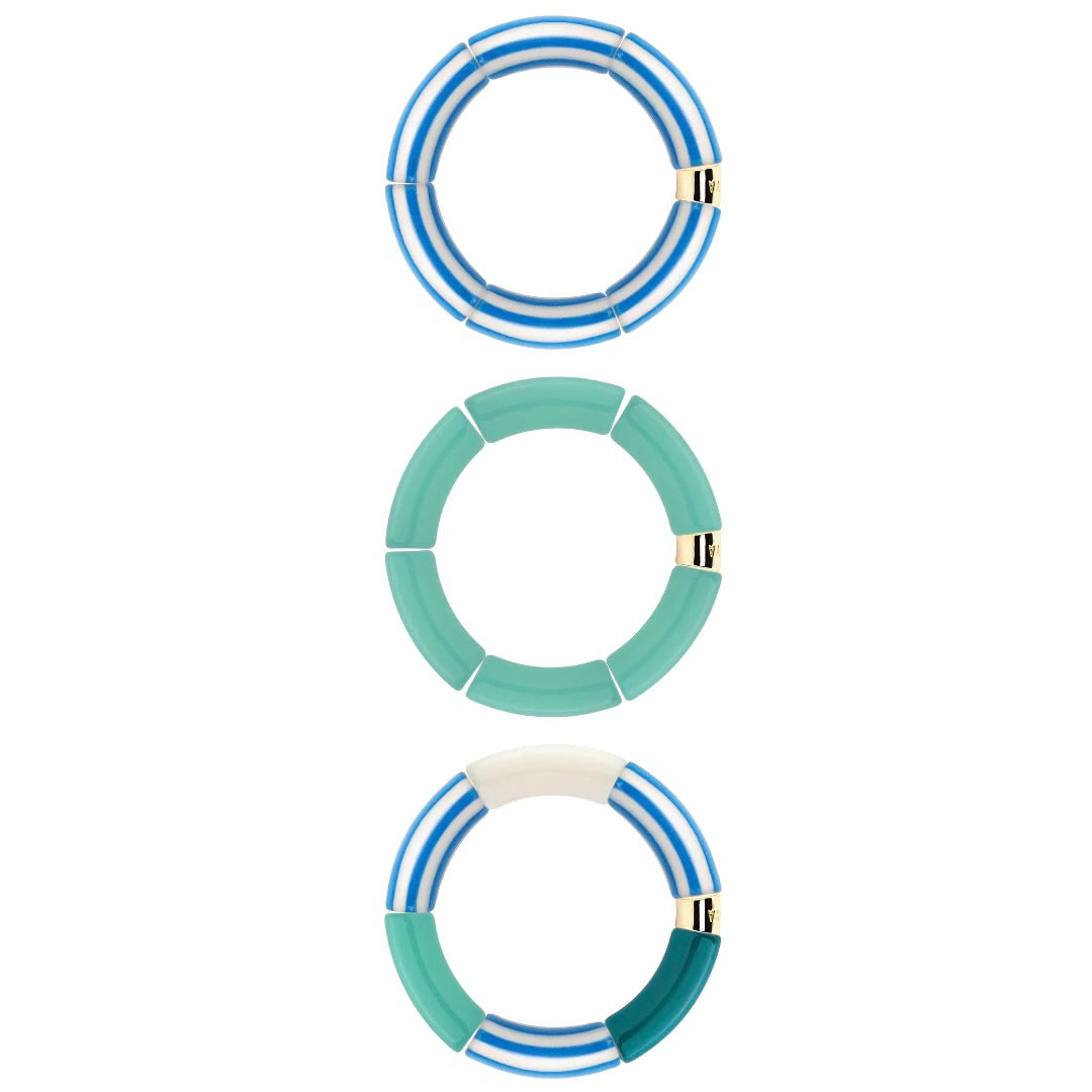 Bracelets dorés Riviera Turquesa trio turquoise, bleu et blanc - Bijoux photographiés sur fond blanc