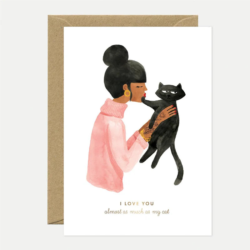 Carte de vœux en papier naturel blanc avec une fille qui veut faire un bisou à son chat - Papeterie