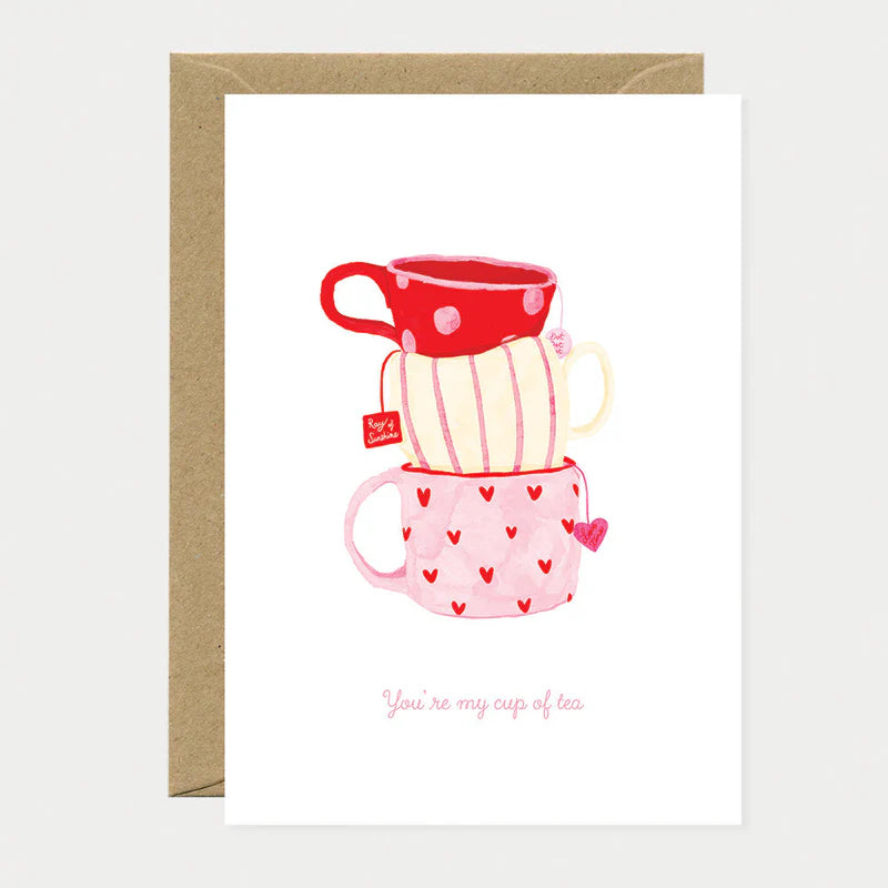 Carte de vœux en papier naturel blanc tasses roses et rouges avec des coeurs - Papeterie