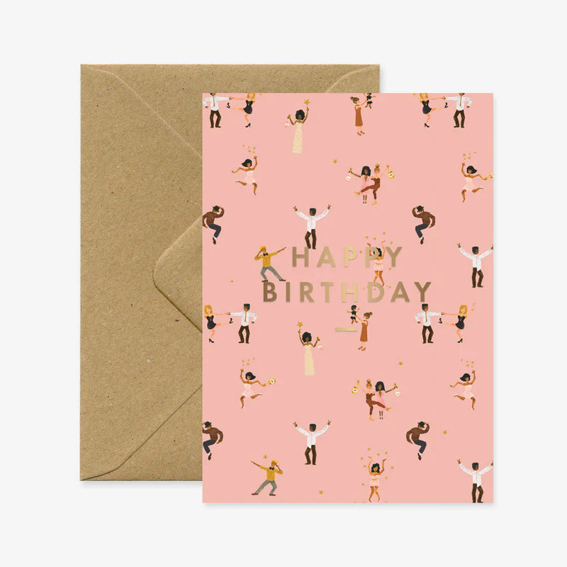 Carte d'anniversaire en papier naturel blanc fond rose avec des gens qui danssent et font la fête - Papeterie
