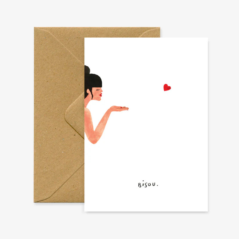 Carte de vœux en papier naturel blanc avec une femme qui envoie un bisou - Papeterie