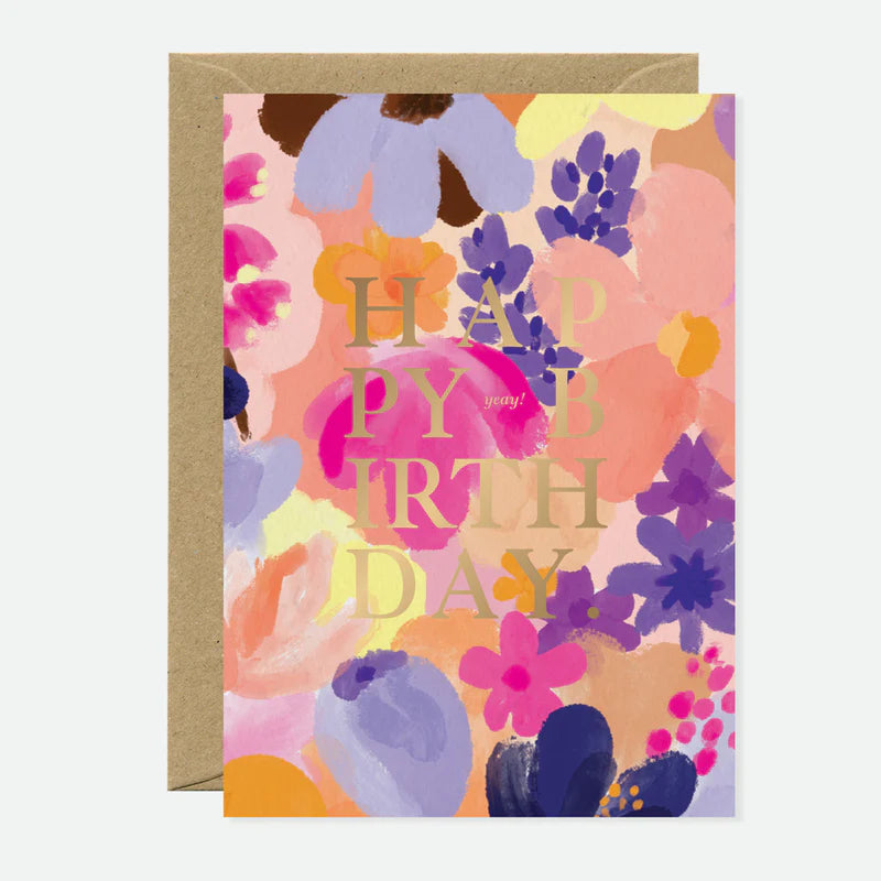 Carte d'anniversaire en papier naturel blanc avec fleurs illustrées à l'aquarelle - Papeterie