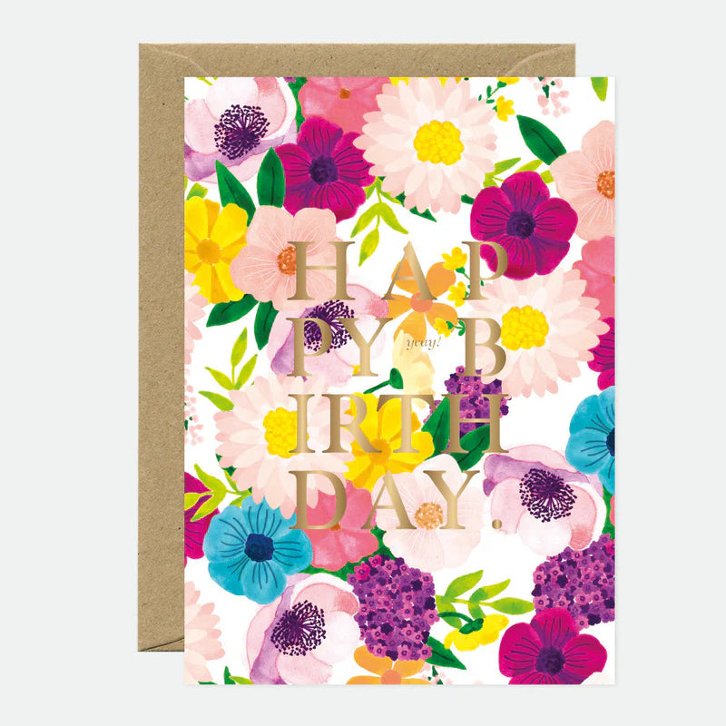Carte d'anniversaire en papier naturel blanc avec des fleurs colorées - Papeterie