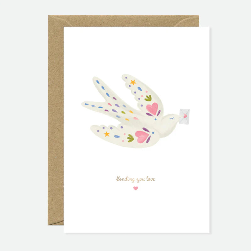Carte de vœux en papier naturel blanc oiseau qui transporte une lettre d'amour - Papeterie