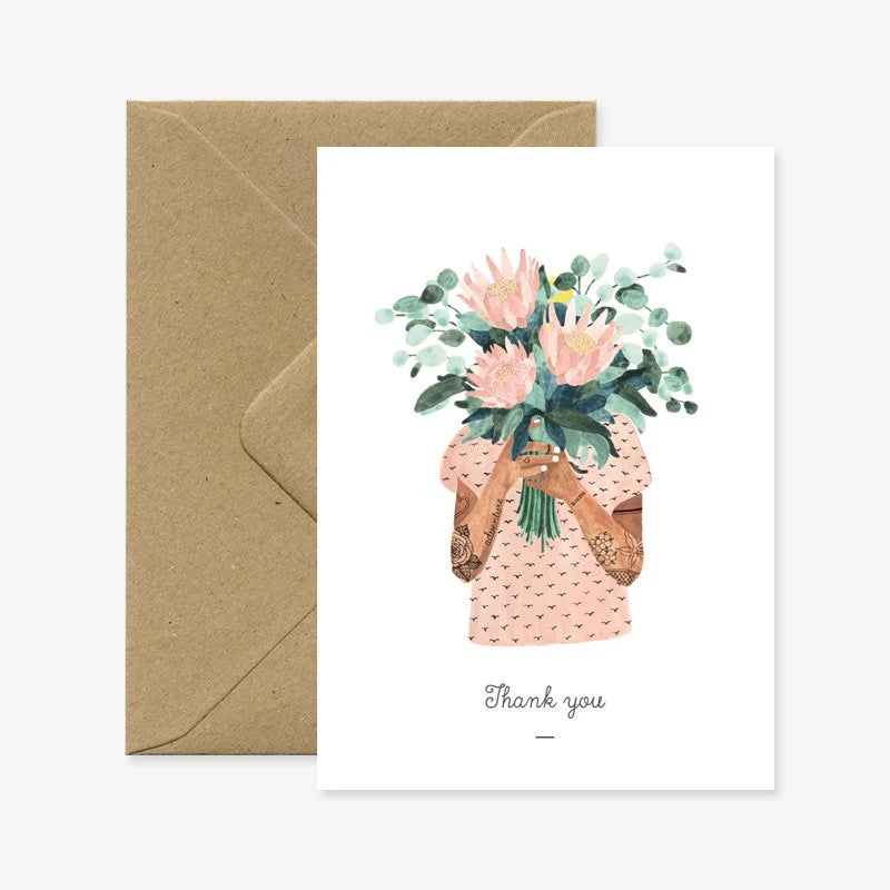 Carte de vœux en papier naturel blanc avec femme femme qui tient des fleurs - Papeterie
