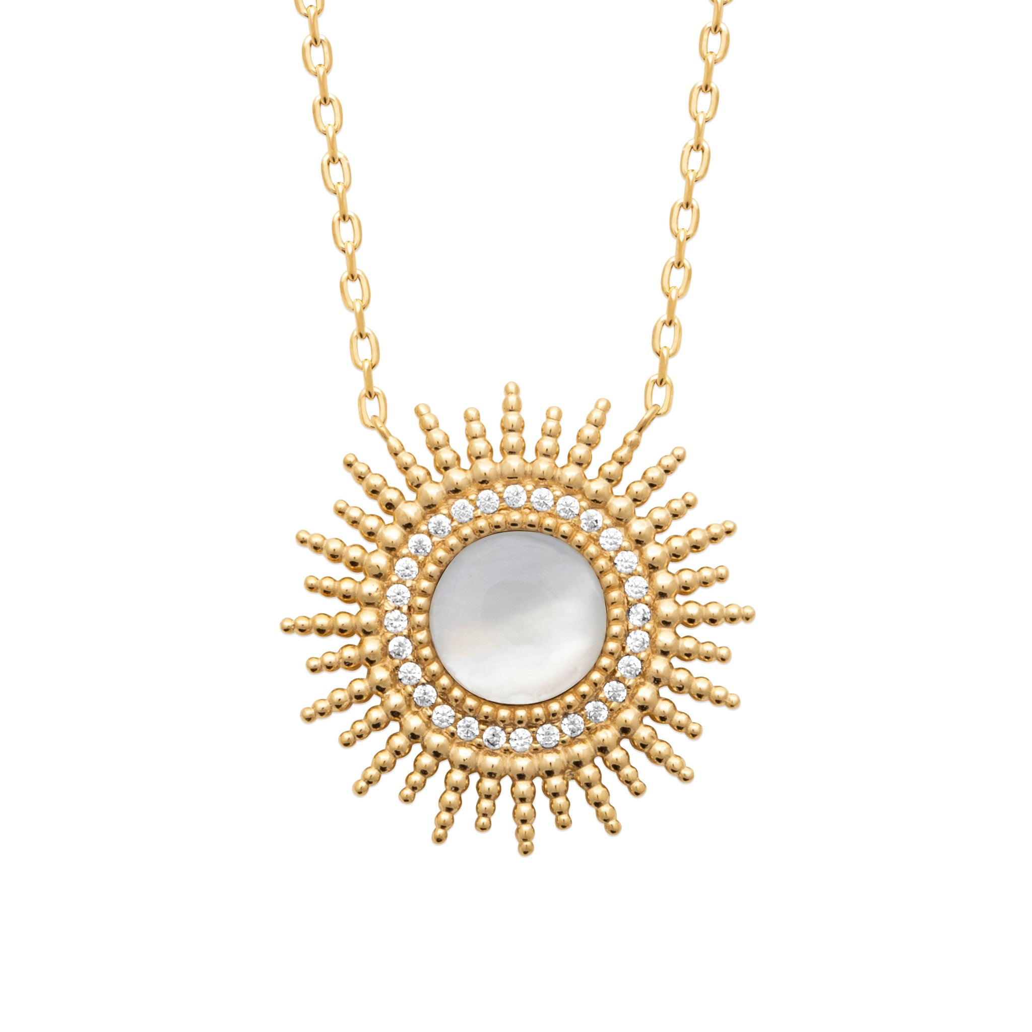 Collier doré Angela soleil nacre et zircons - Bijou photographié sur fond blanc