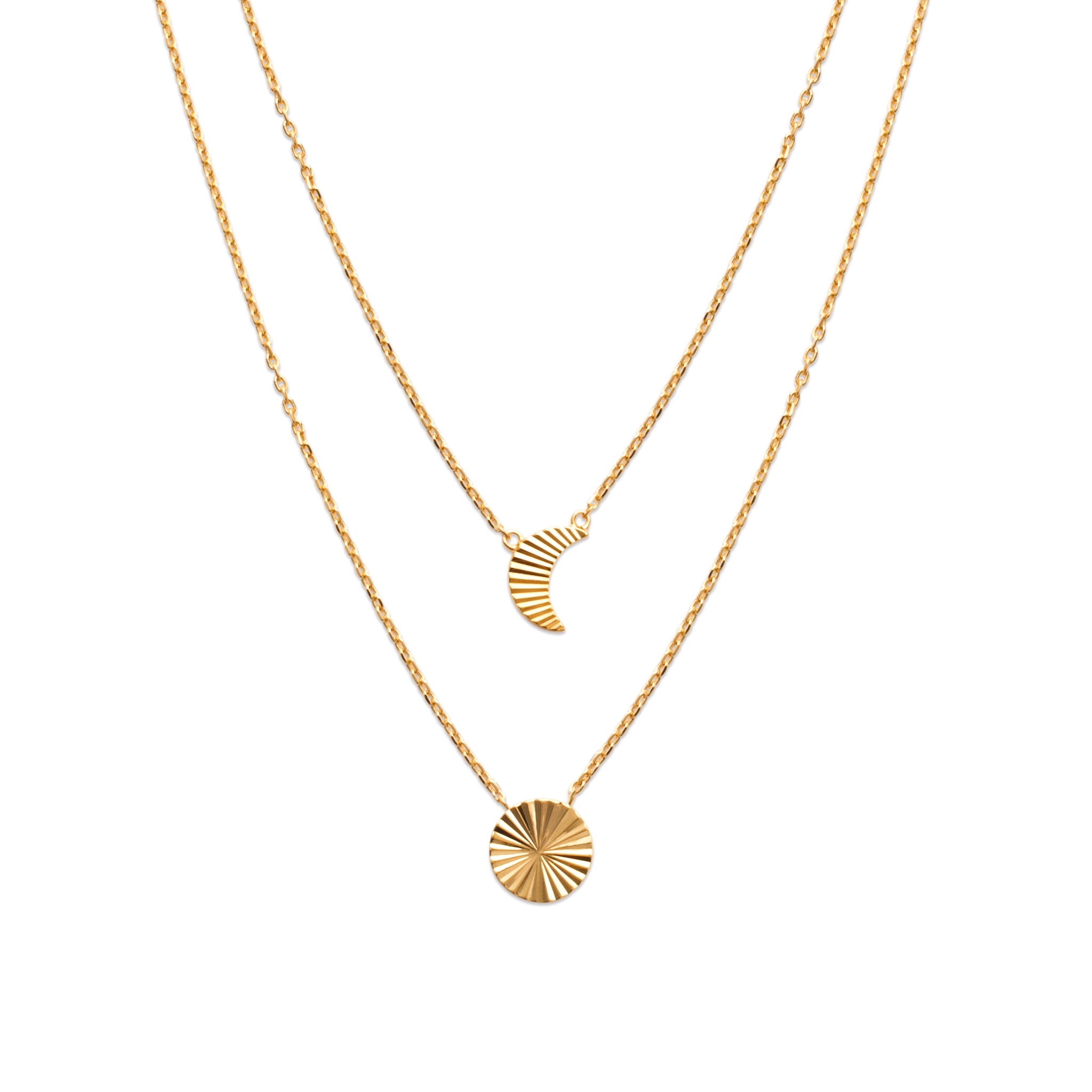 Collier double doré Anissa lune et soleil striés - Bijou photographié sur fond blanc