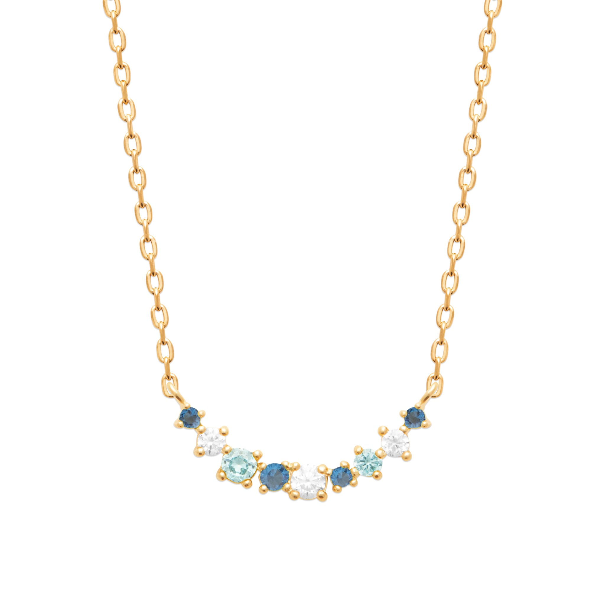 Collier doré Azur zircons bleu, blanc et turquoise - Bijou photographié sur fond blanc
