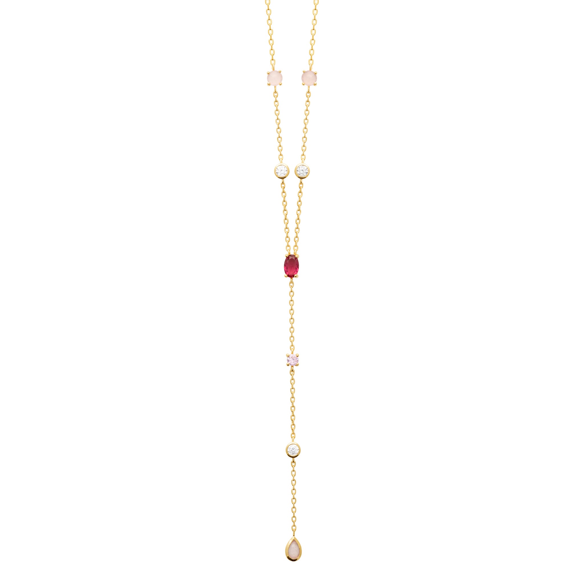 Collier doré Dalia rose cravate avec quartz rose et zircons - Bijou photographié sur fond blanc