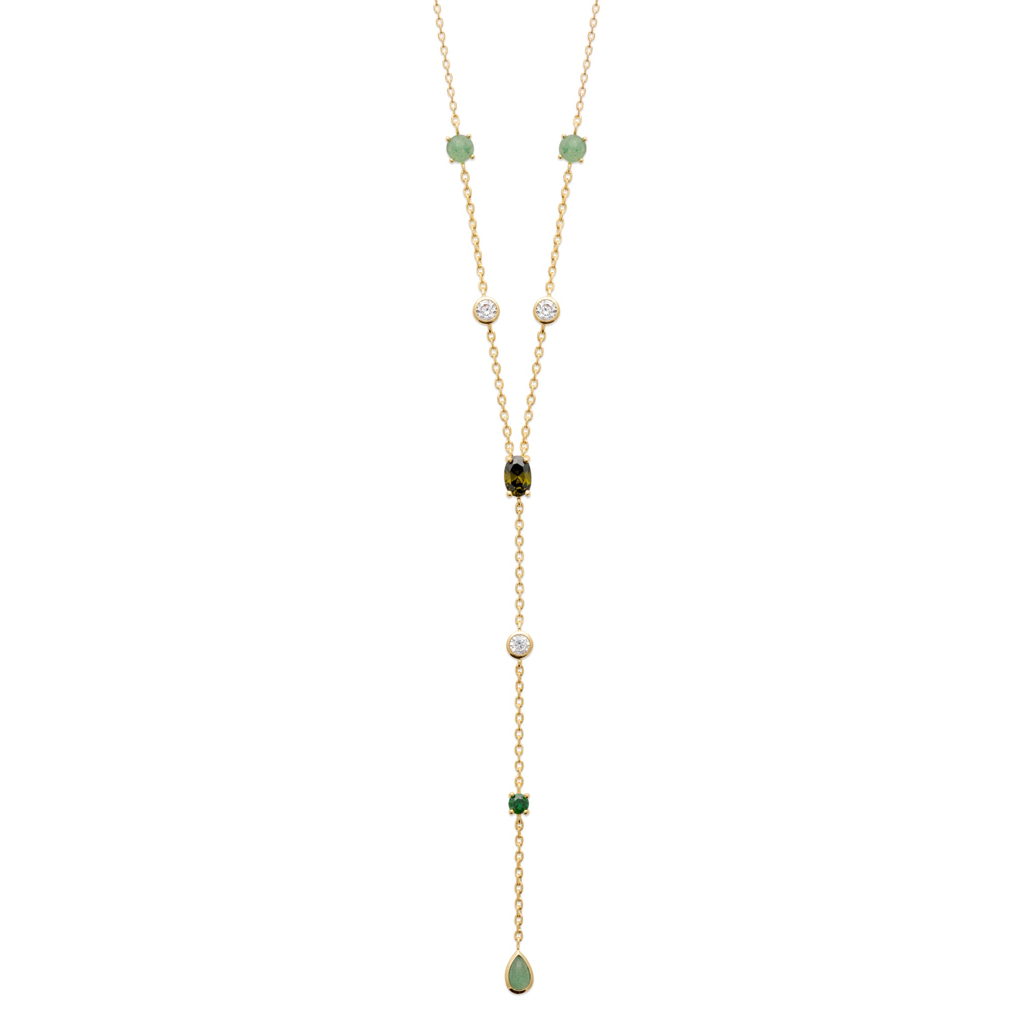 Collier doré Dalia vert cravate avec zircons et aventurine - Bijou photographié sur fond blanc