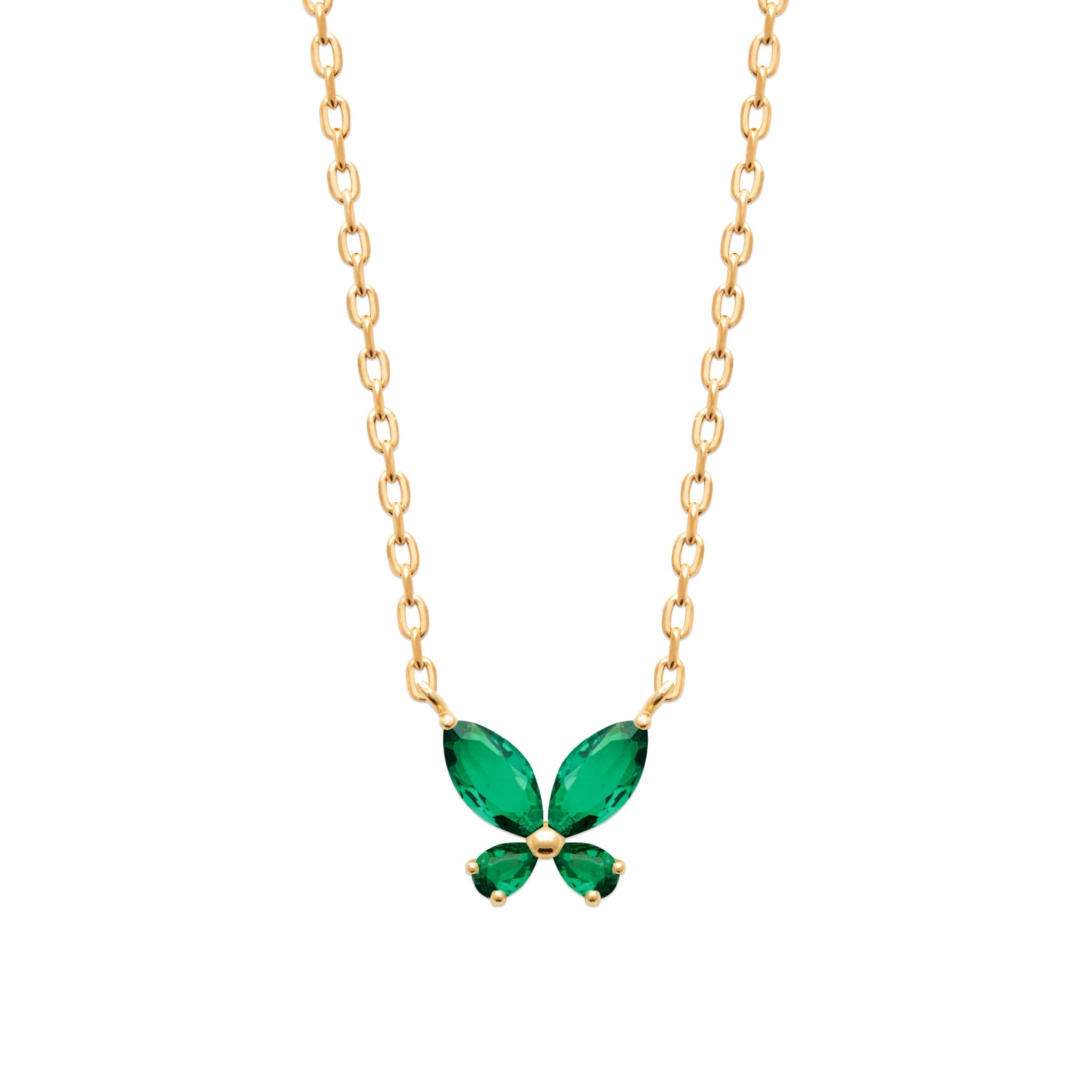 Collier doré Lara vert avec pendentif papillon zircons - Bijou photographié sur fond blanc