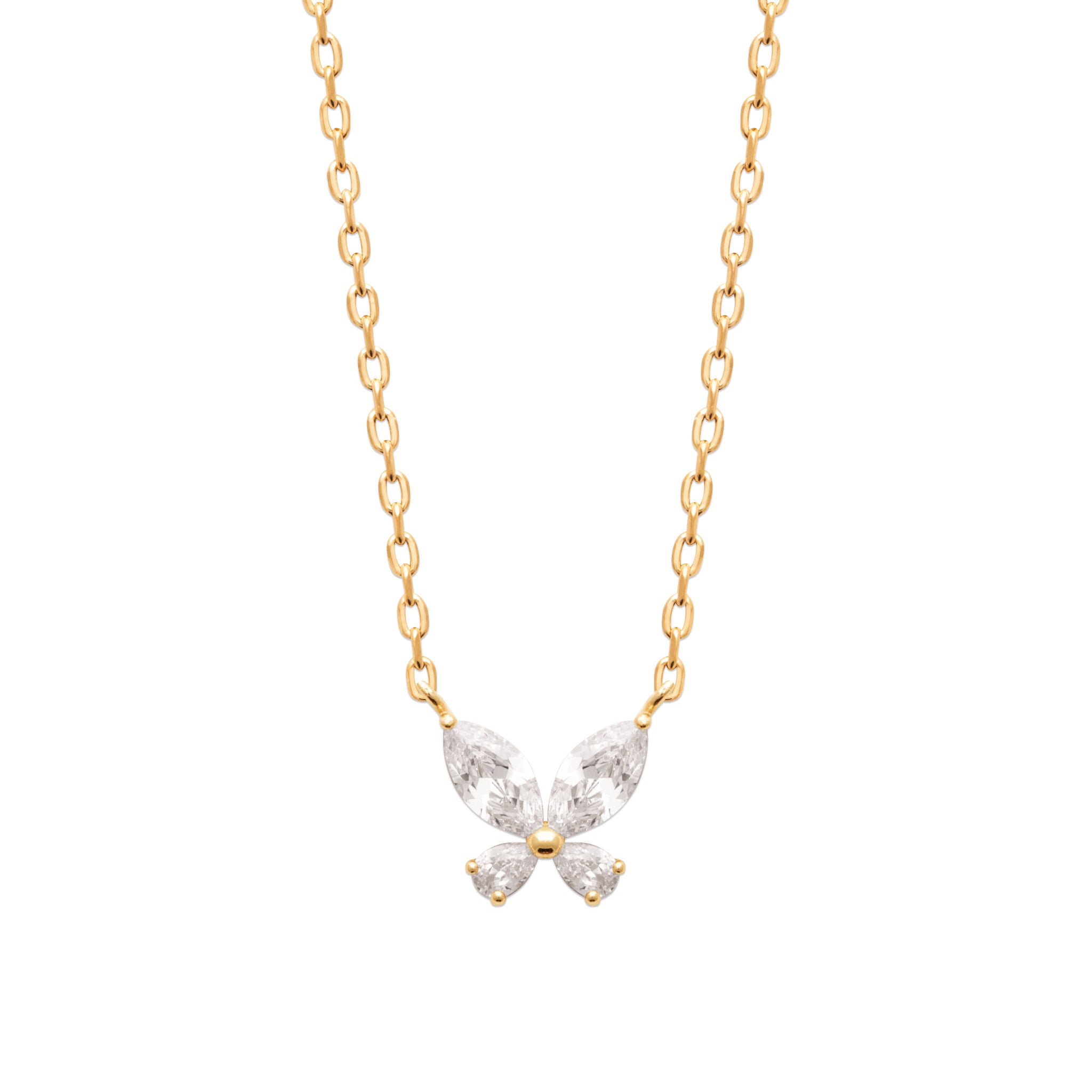 Collier doré Lara blanc avec pendentif papillon zircons - Bijou photographié sur fond blanc