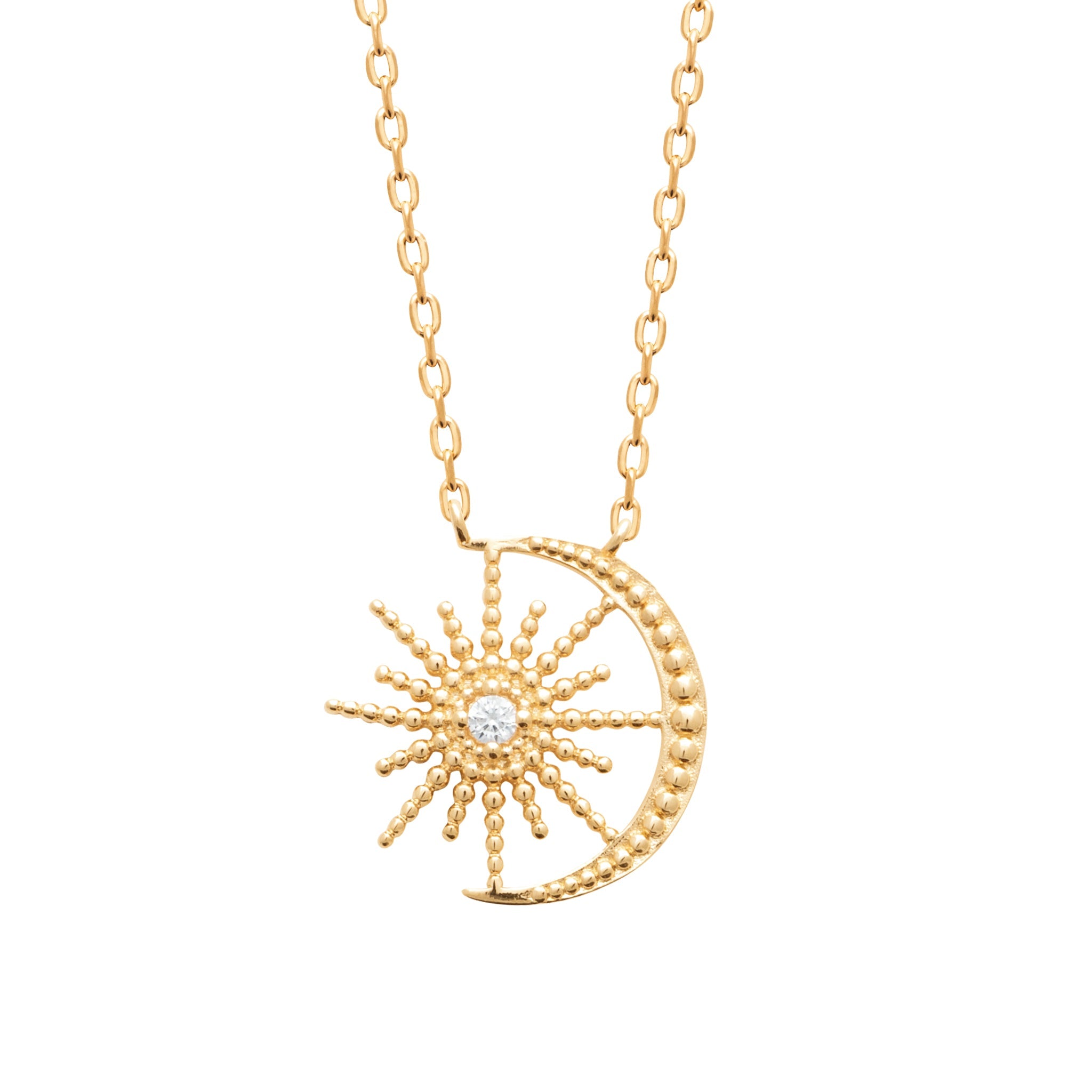 Collier doré Lovina lune et soleil avec zircon - Bijou photographié sur fond blanc